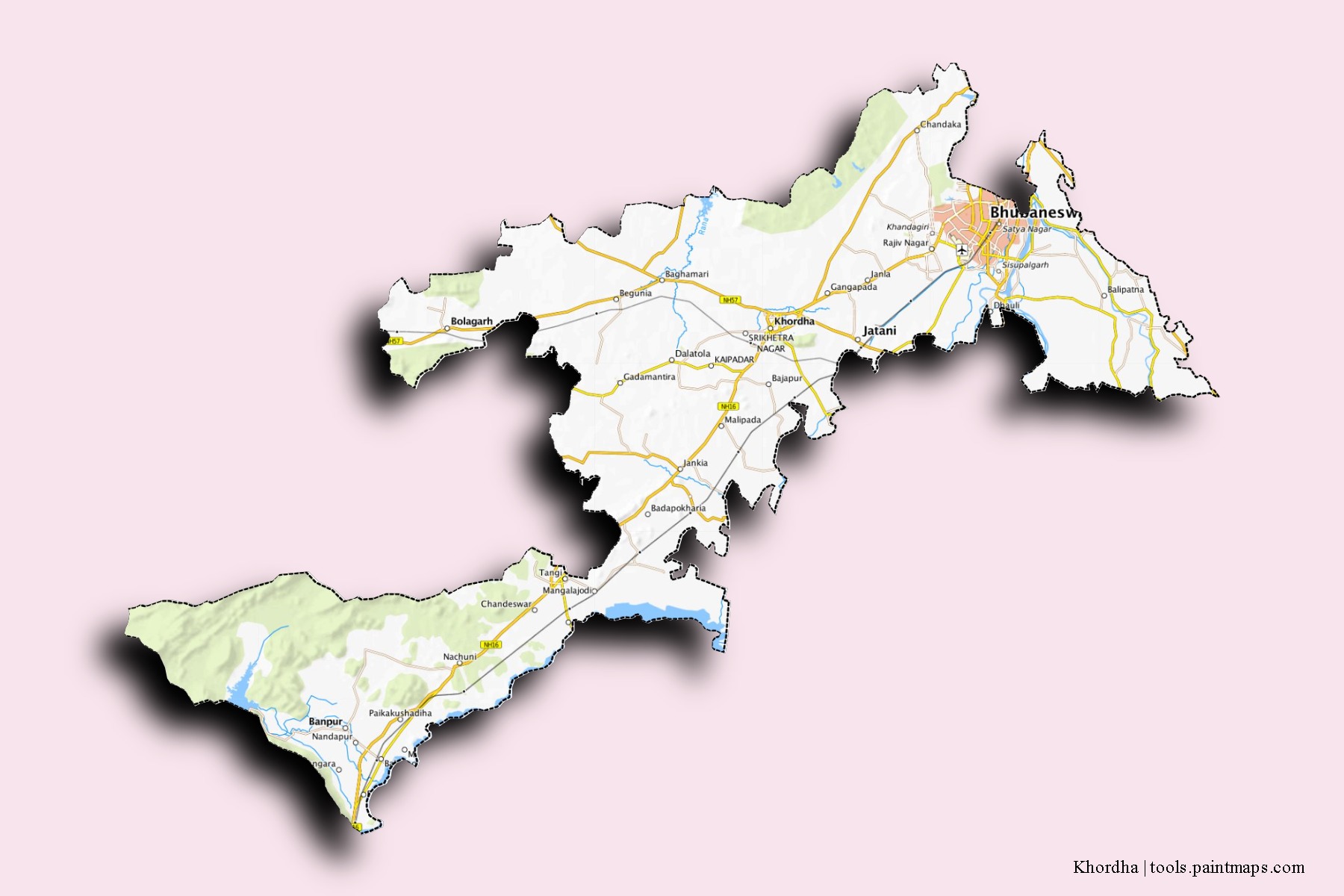 Mapa de barrios y pueblos de Khordha con efecto de sombra 3D