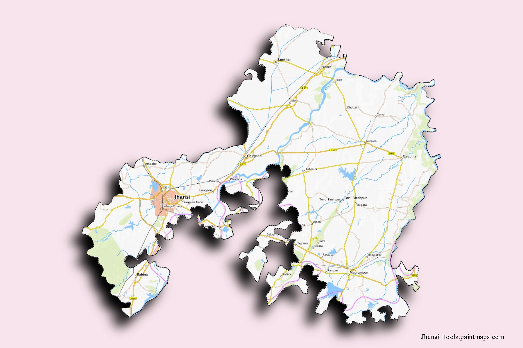 Jhansi neighborhoods and villages map with 3D shadow effect