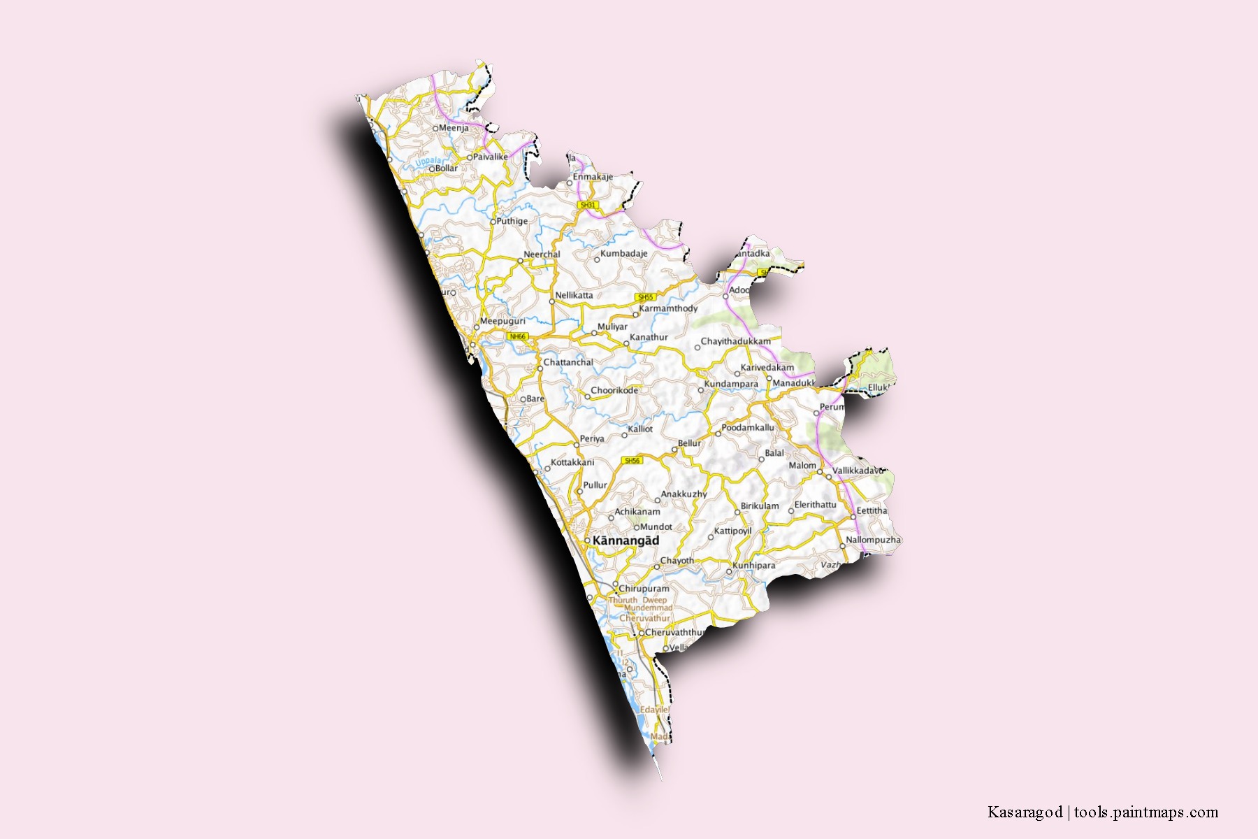 Kasargod neighborhoods and villages map with 3D shadow effect