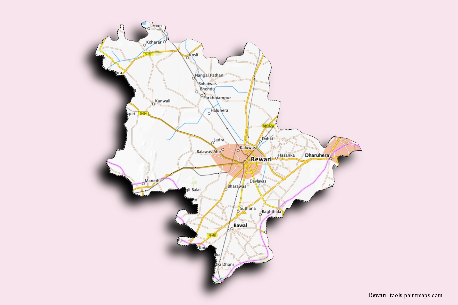 3D gölge efektli Rewari mahalleleri ve köyleri haritası
