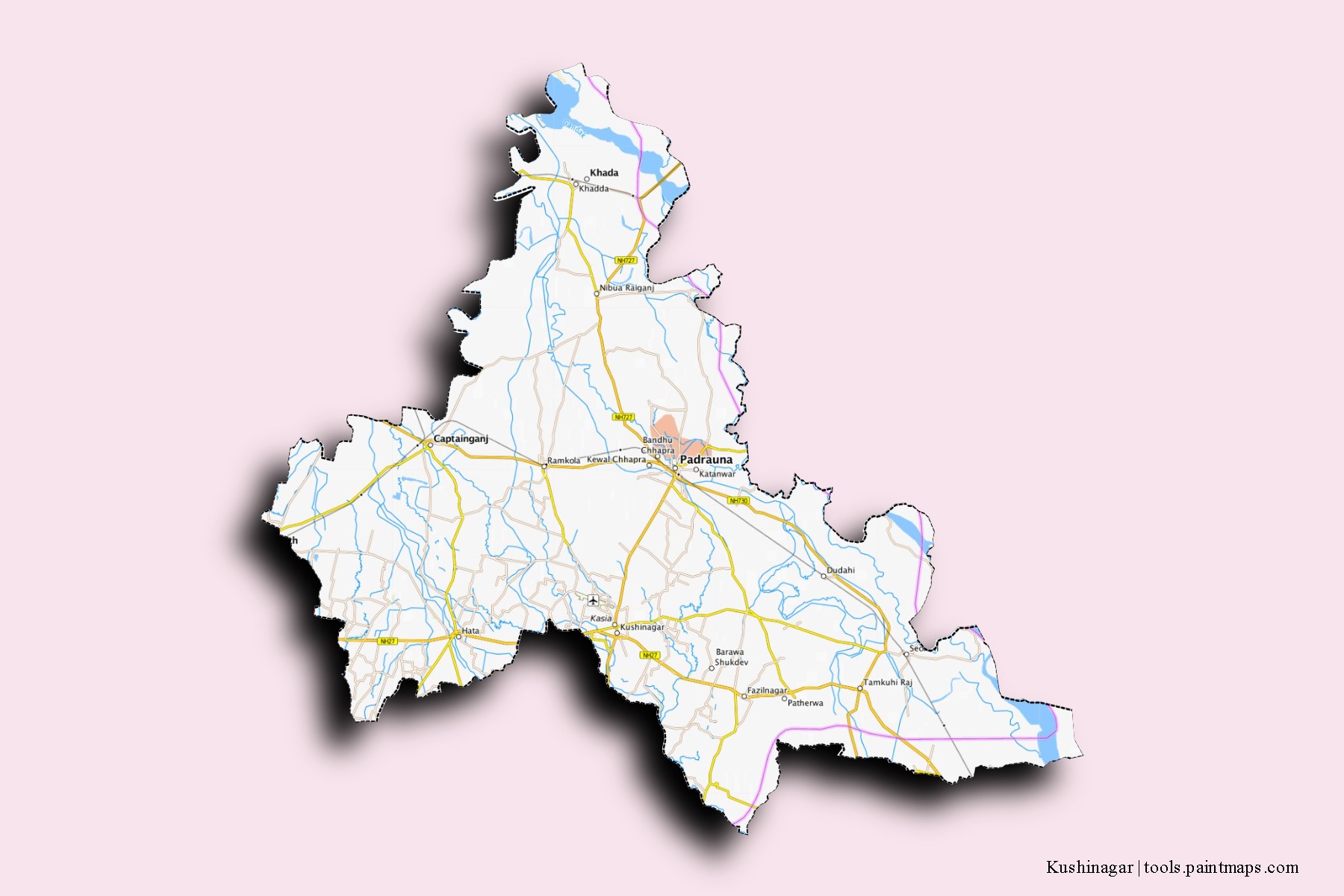 Kushinagar neighborhoods and villages map with 3D shadow effect