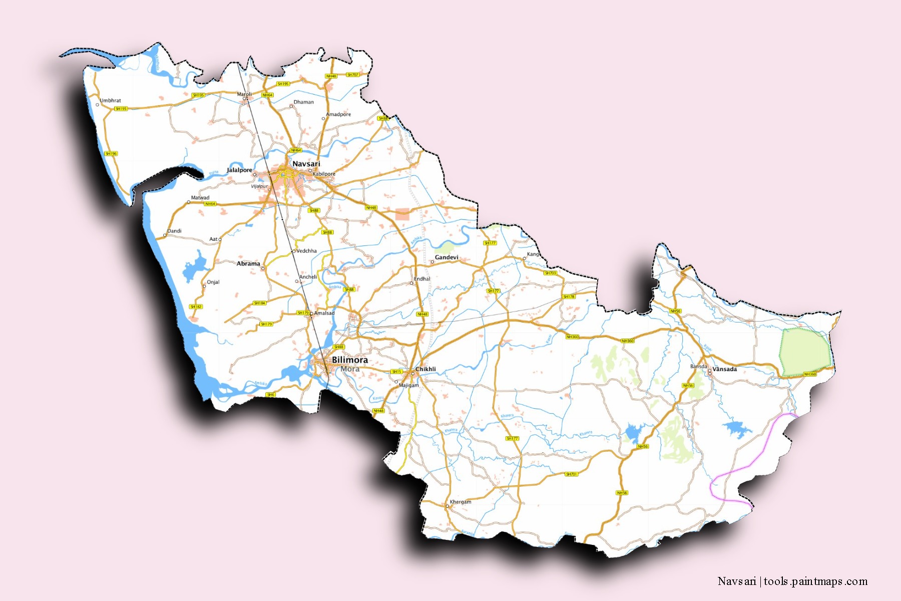 3D gölge efektli Navsari mahalleleri ve köyleri haritası