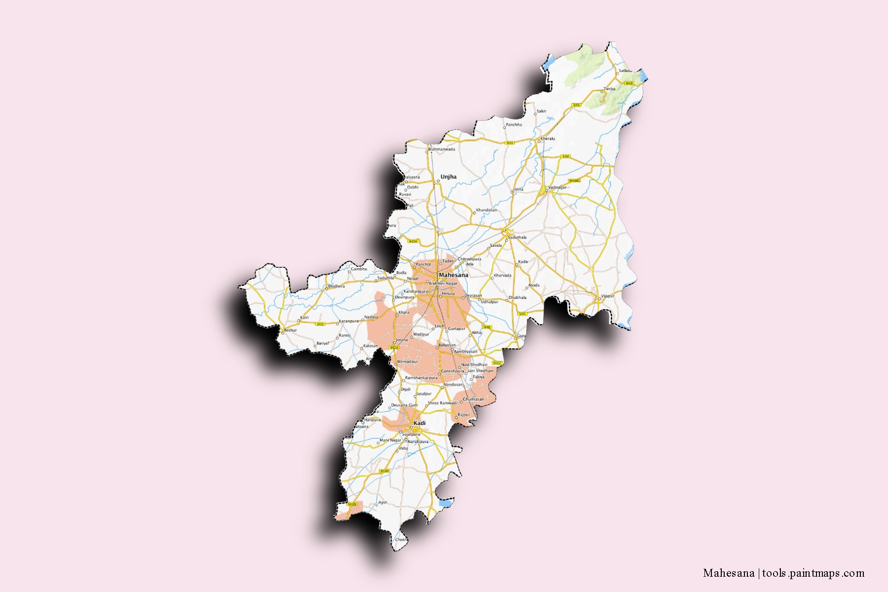 3D gölge efektli Mahesana mahalleleri ve köyleri haritası