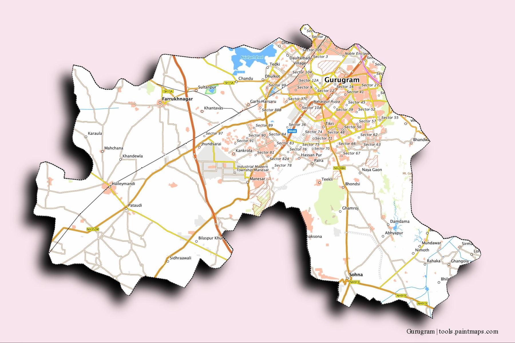 Mapa de barrios y pueblos de Gurugram con efecto de sombra 3D