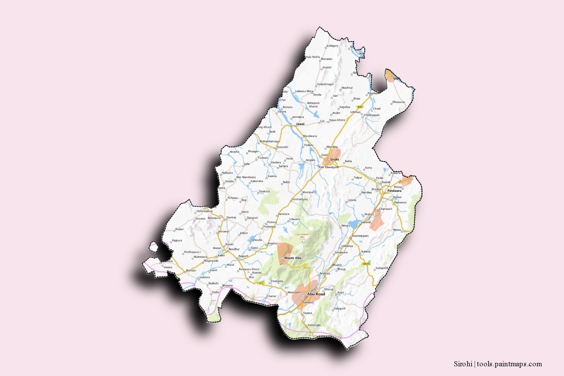 Mapa de barrios y pueblos de Sirohi con efecto de sombra 3D