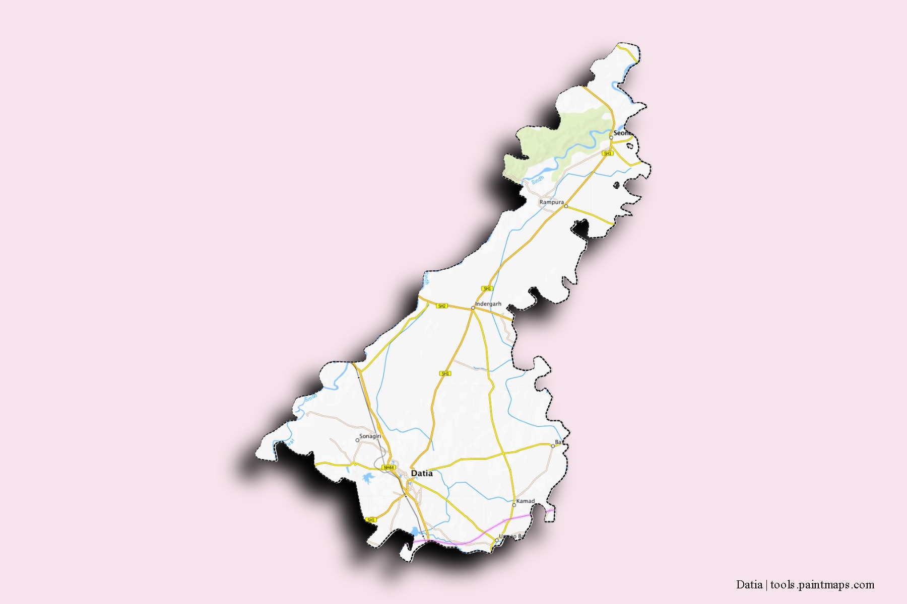 Mapa de barrios y pueblos de Datia con efecto de sombra 3D