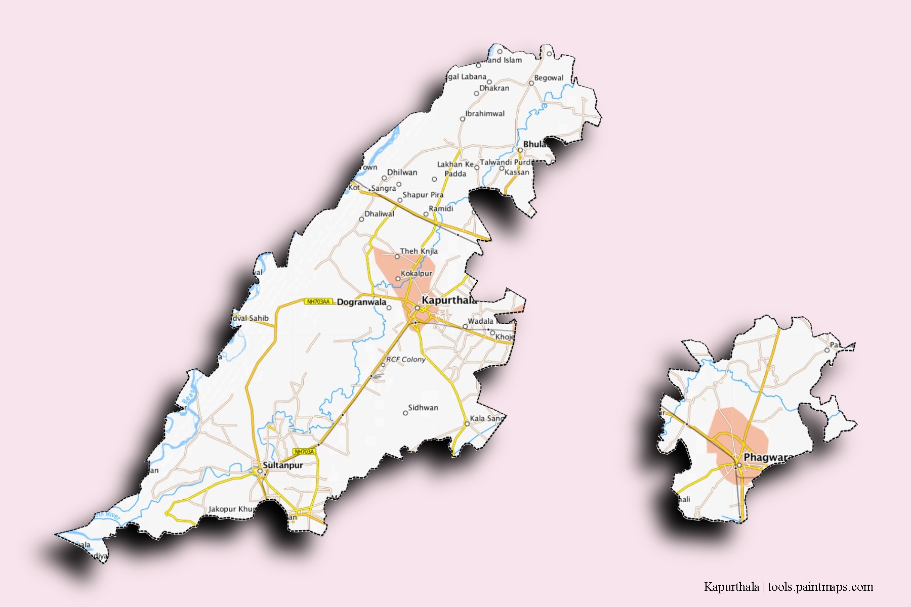 Kapurthala neighborhoods and villages map with 3D shadow effect