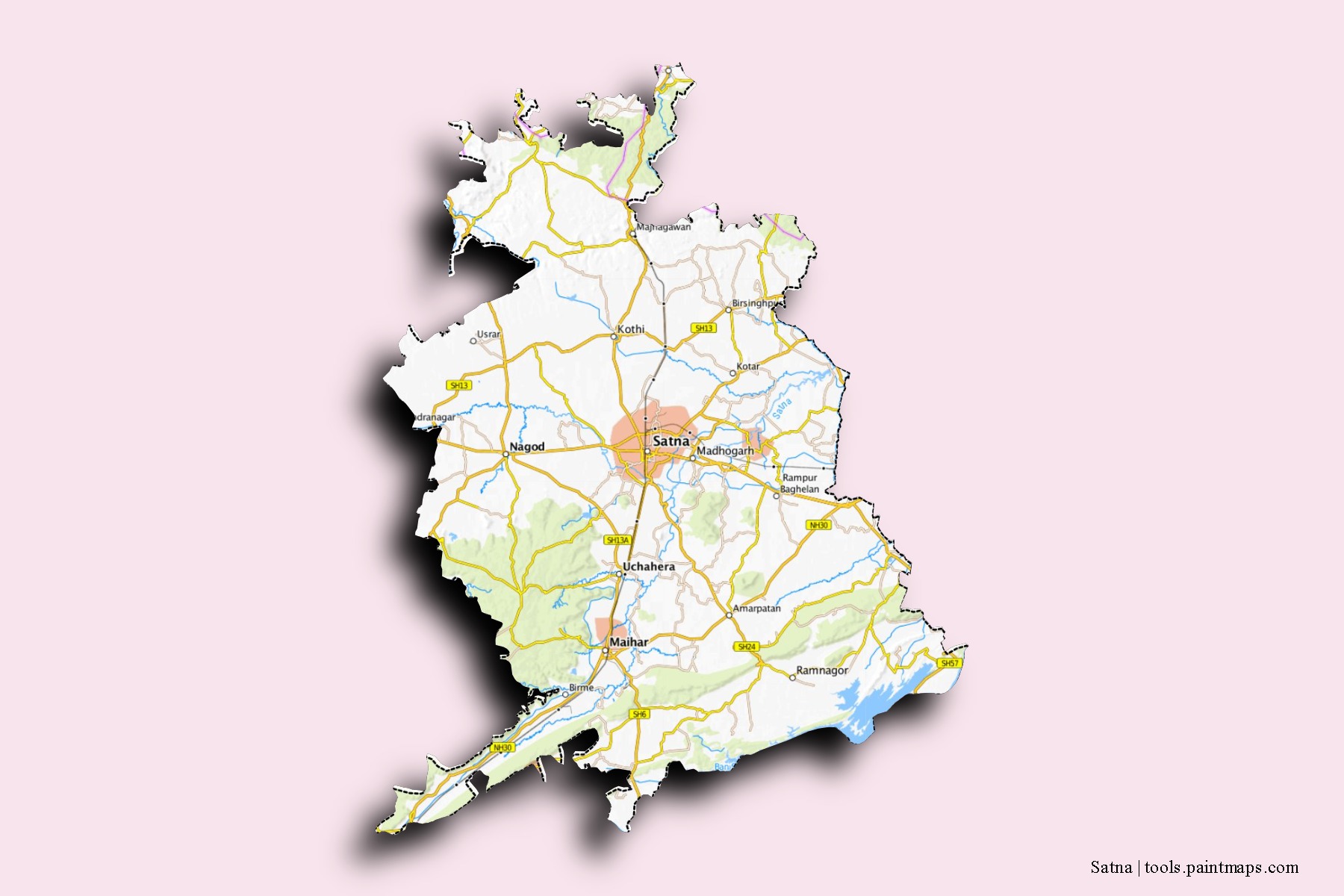 Satna neighborhoods and villages map with 3D shadow effect