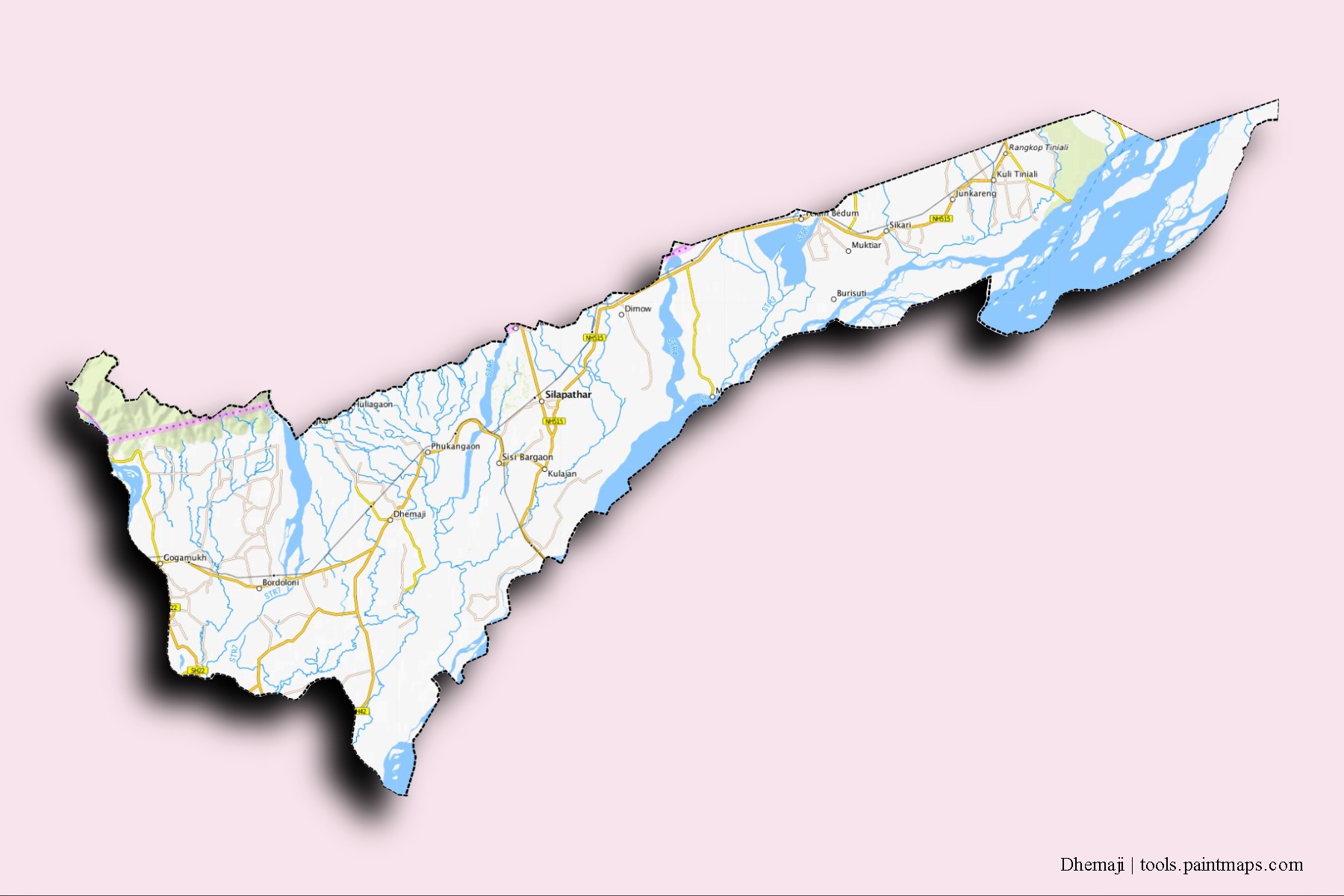 3D gölge efektli Dhemaji mahalleleri ve köyleri haritası