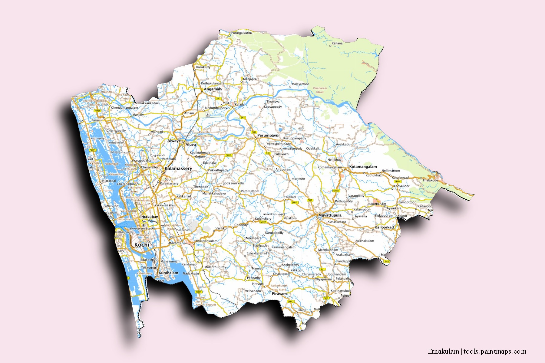 Mapa de barrios y pueblos de Ernakulam con efecto de sombra 3D