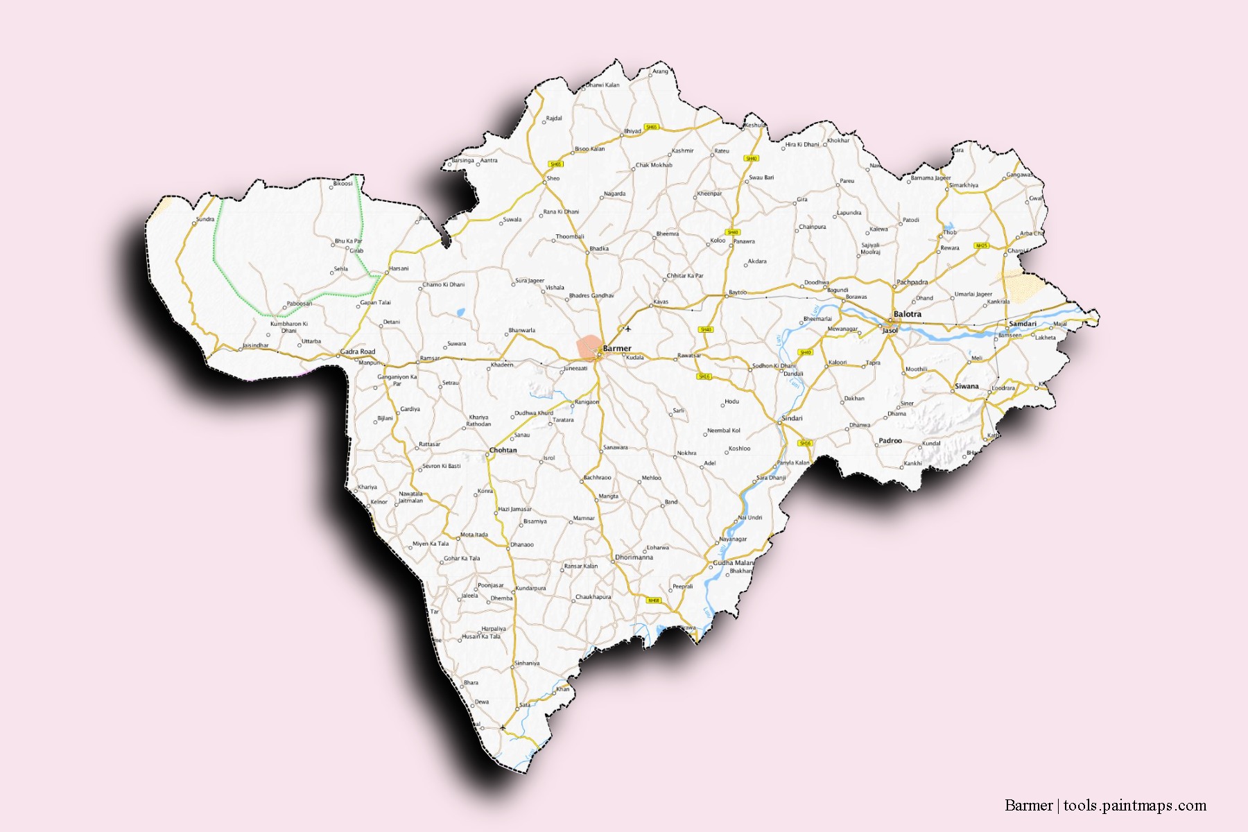 Mapa de barrios y pueblos de Barmer con efecto de sombra 3D