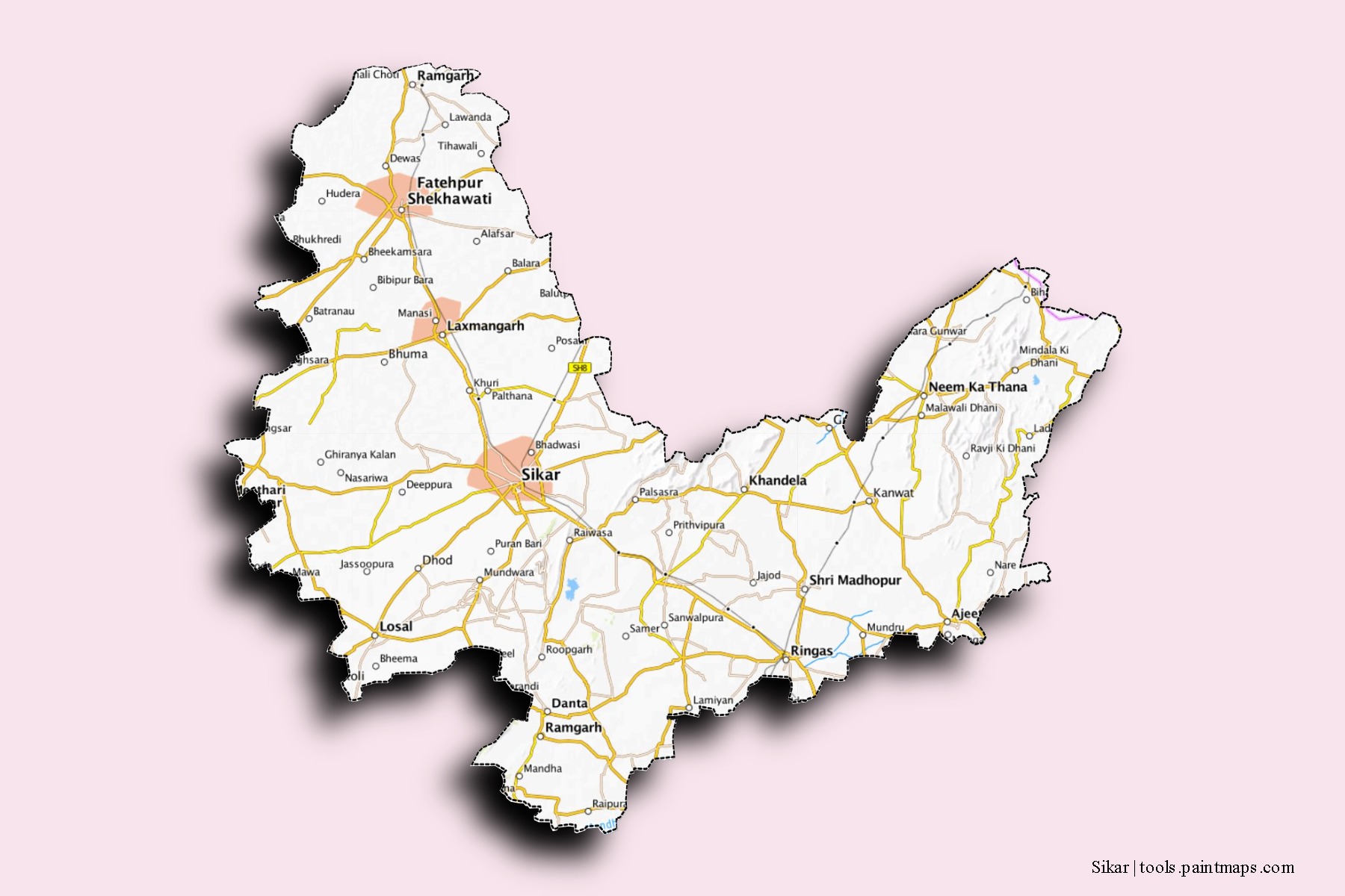 Mapa de barrios y pueblos de Sikar con efecto de sombra 3D