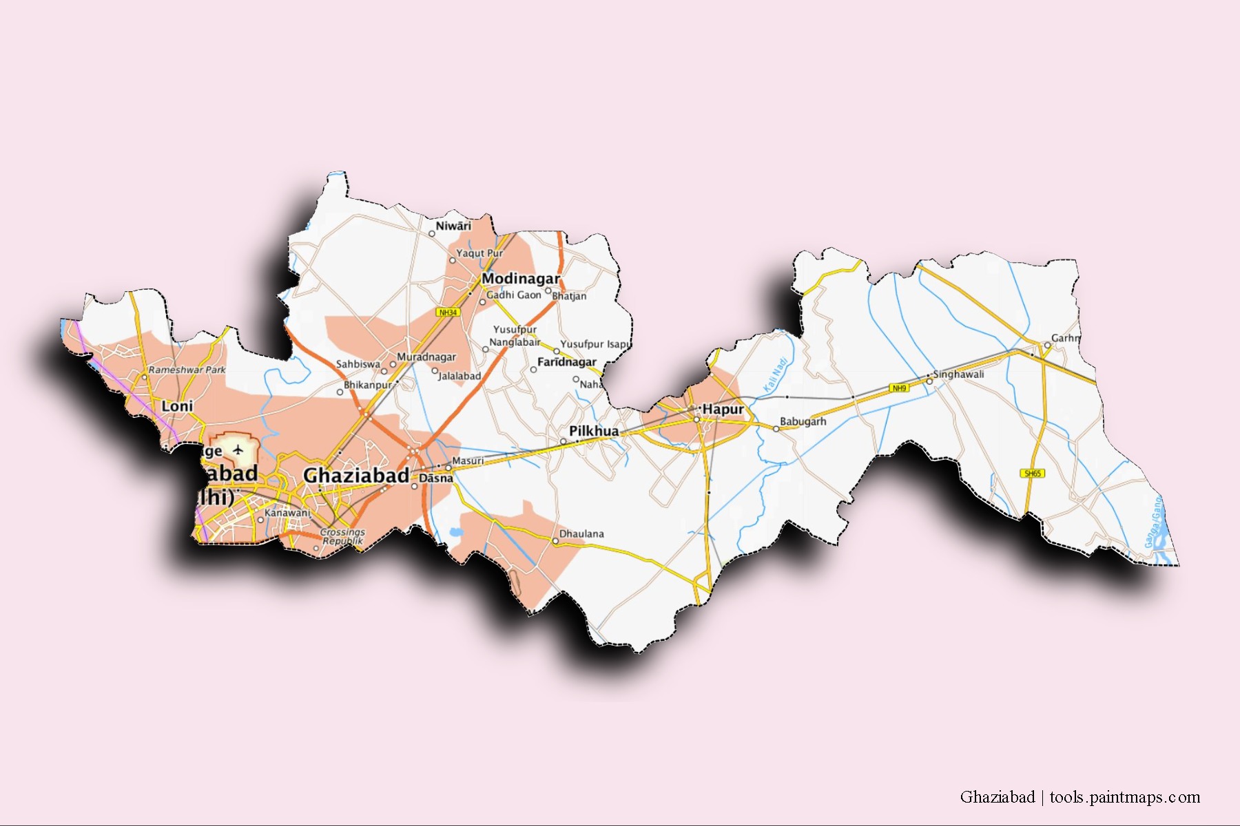 3D gölge efektli Ghaziabad mahalleleri ve köyleri haritası