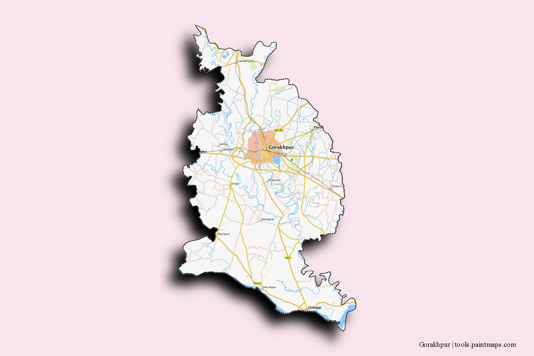 Gorakhpur neighborhoods and villages map with 3D shadow effect