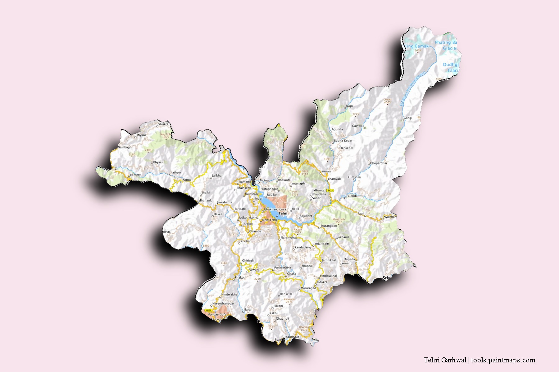 Mapa de barrios y pueblos de Tehri Garhwal con efecto de sombra 3D