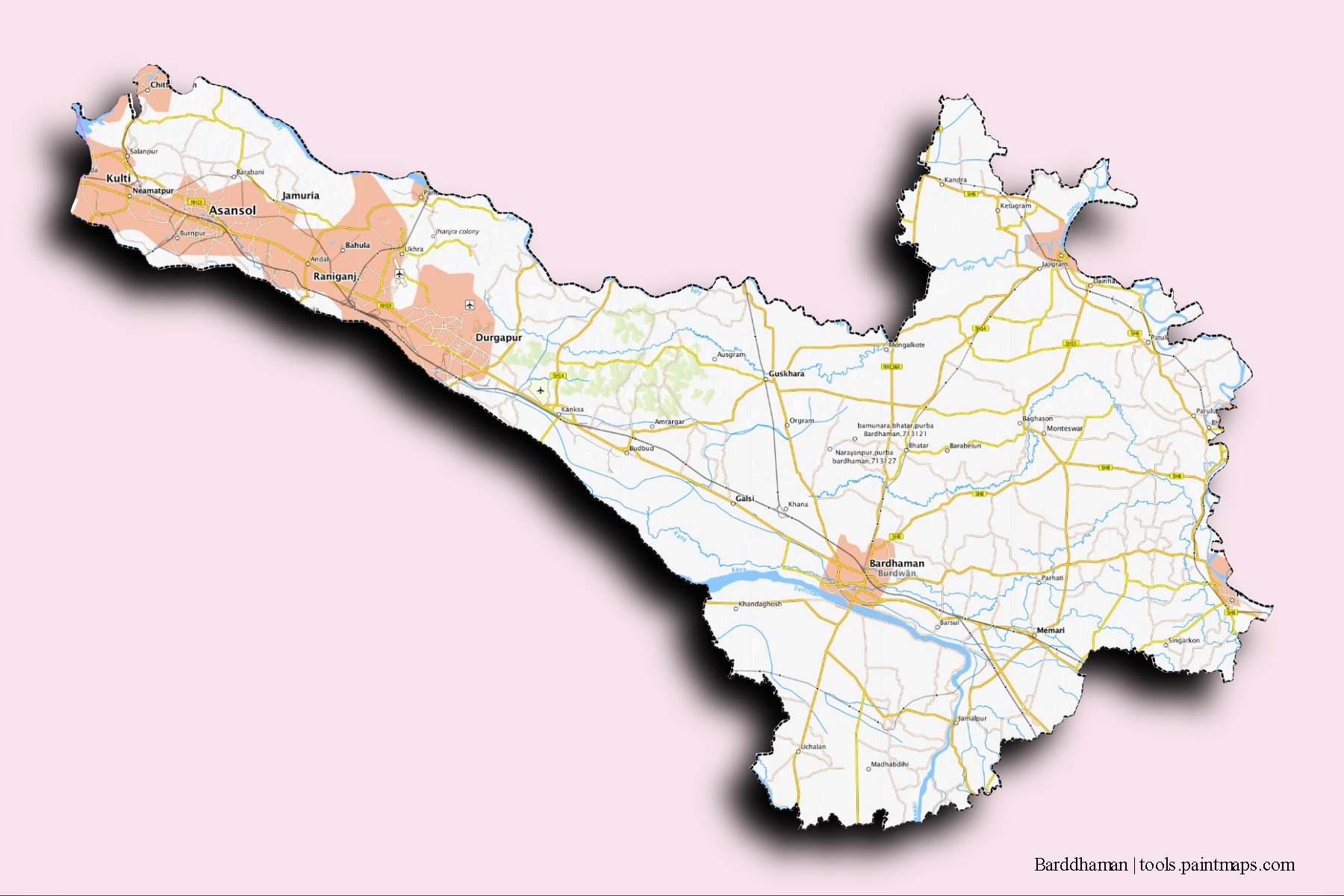 Bardhaman neighborhoods and villages map with 3D shadow effect