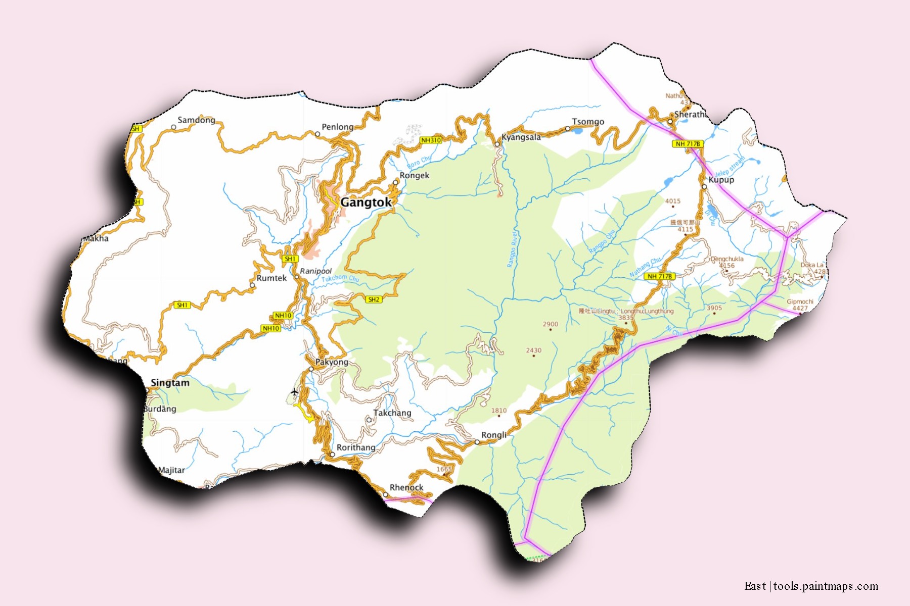 East Sikkim neighborhoods and villages map with 3D shadow effect