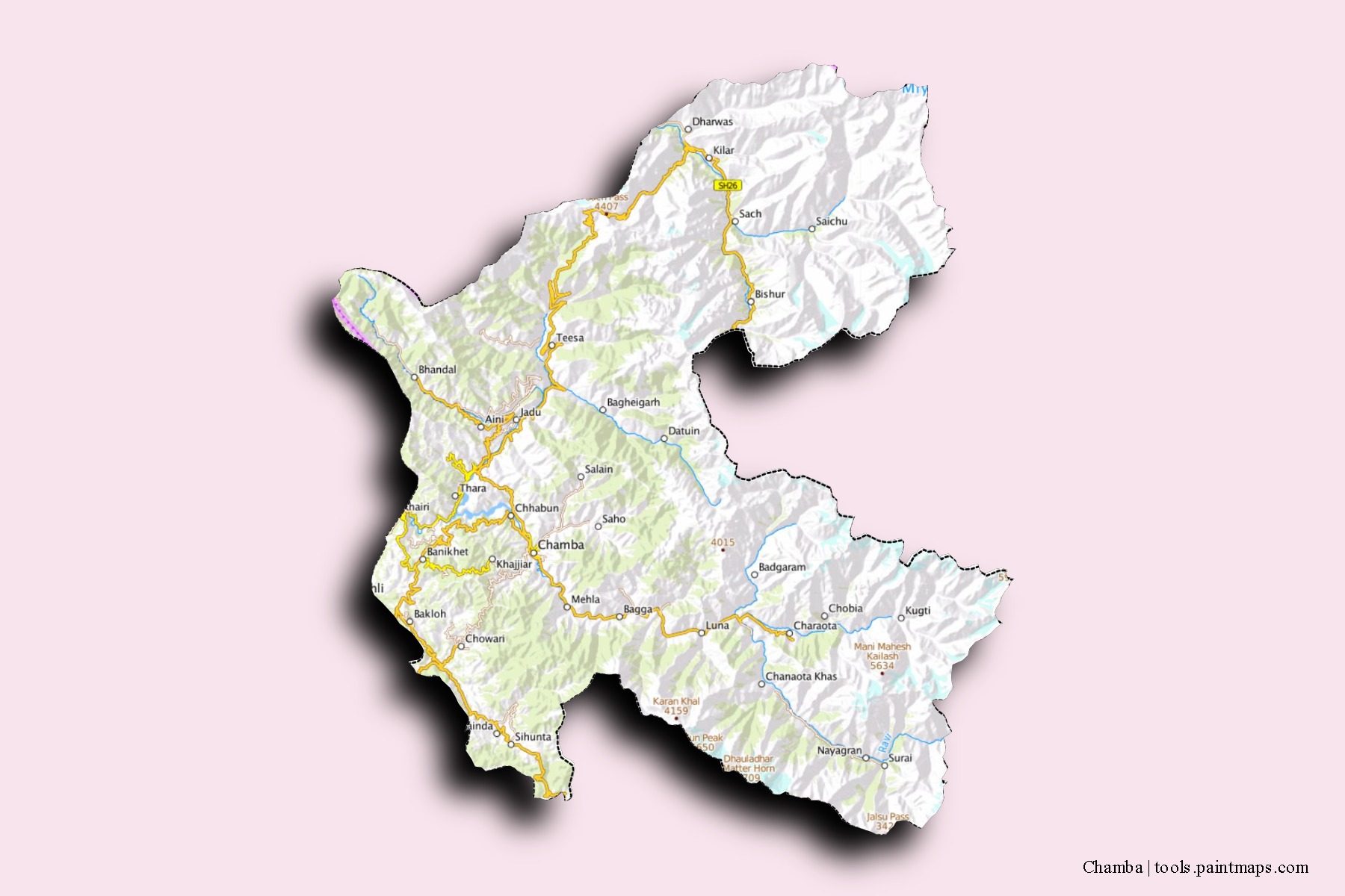 Mapa de barrios y pueblos de Chamba con efecto de sombra 3D