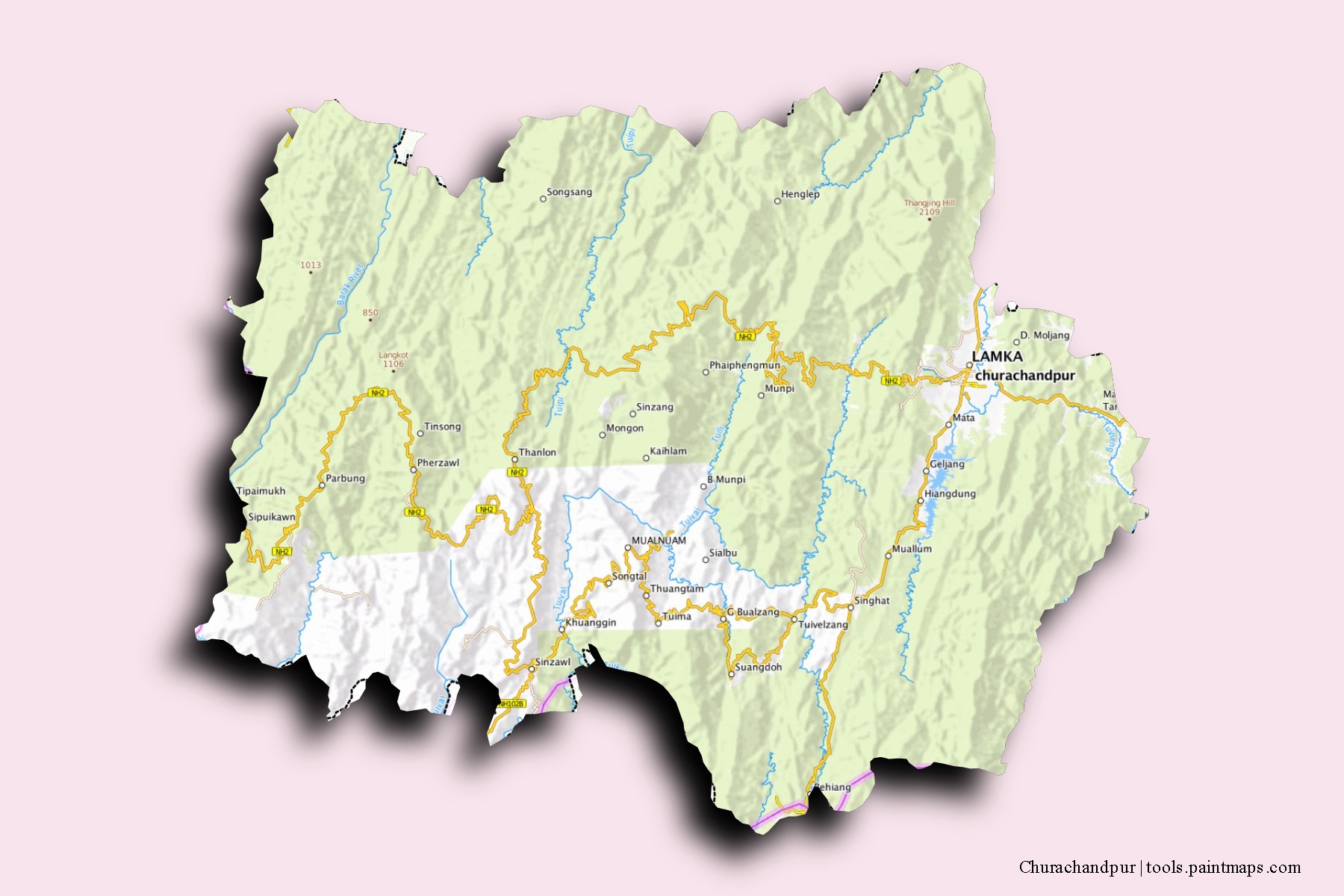 Churachandpur neighborhoods and villages map with 3D shadow effect