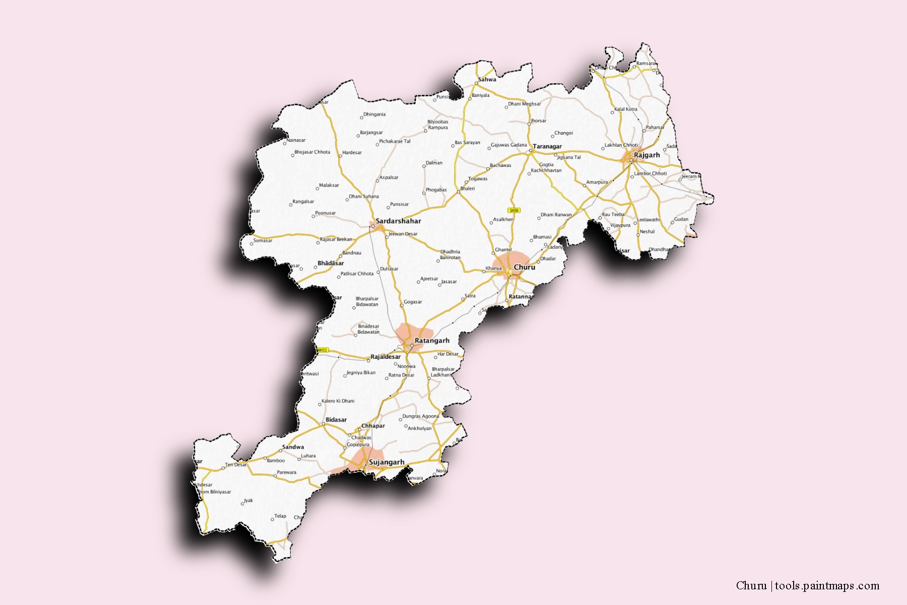 Mapa de barrios y pueblos de Churu con efecto de sombra 3D