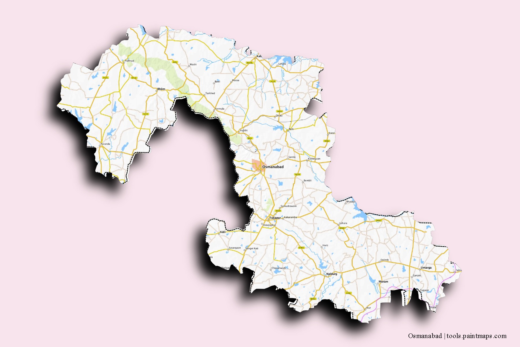 Mapa de barrios y pueblos de Osmanabad con efecto de sombra 3D