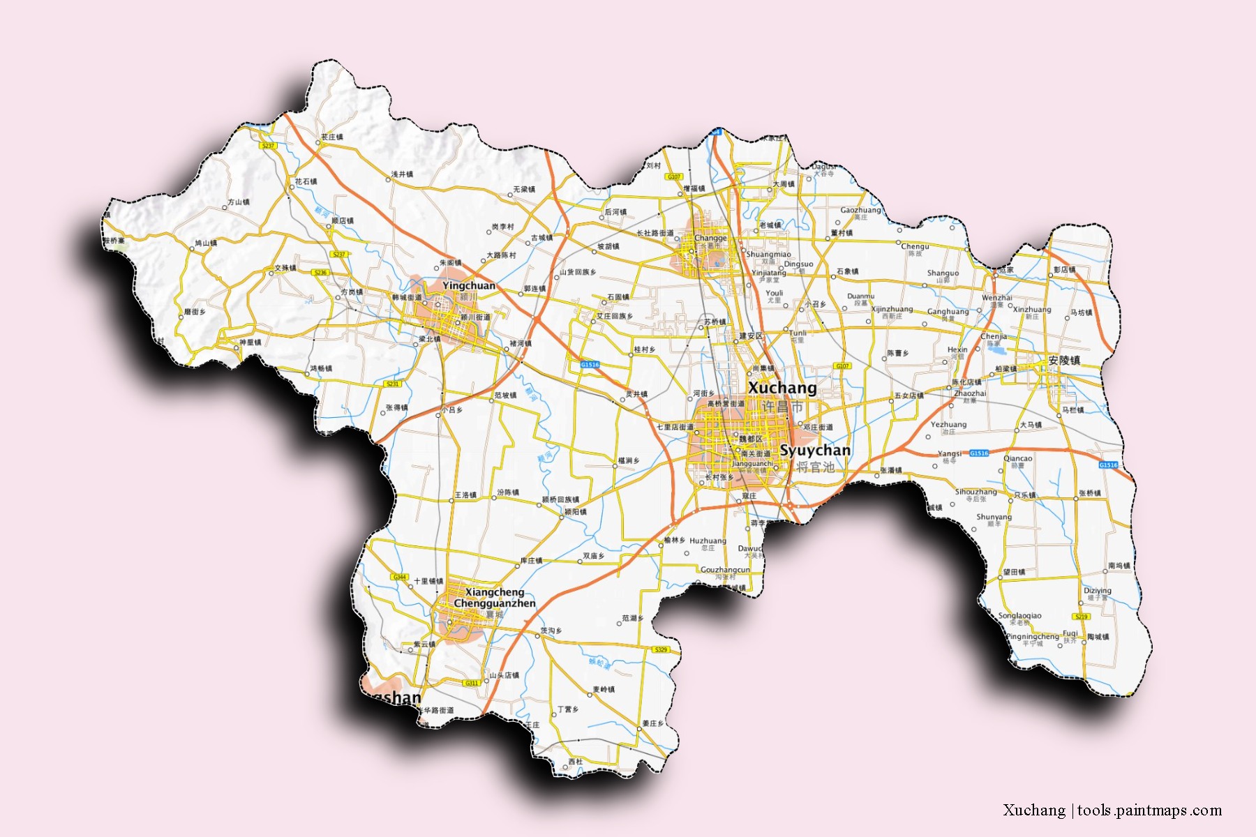 Xuchang neighborhoods and villages map with 3D shadow effect