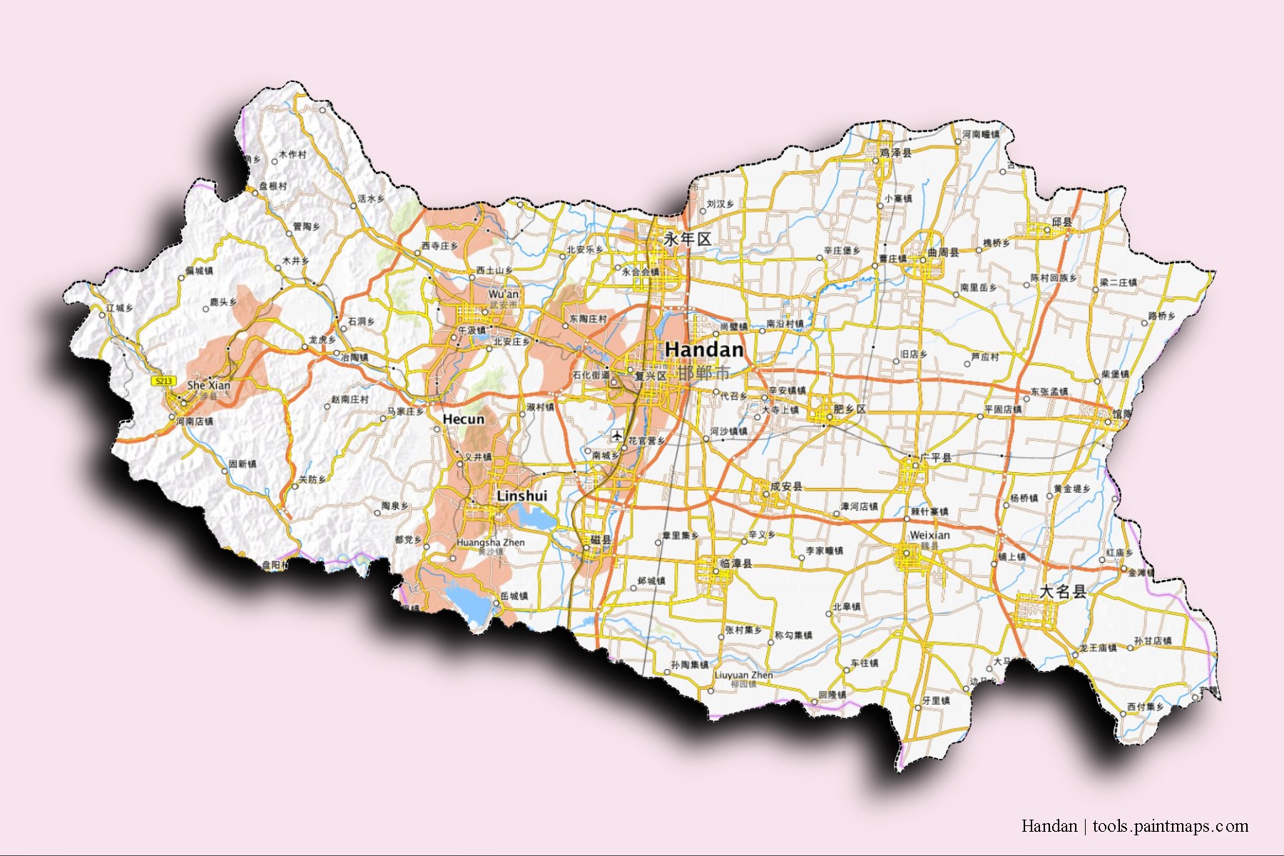Mapa de barrios y pueblos de Handan con efecto de sombra 3D