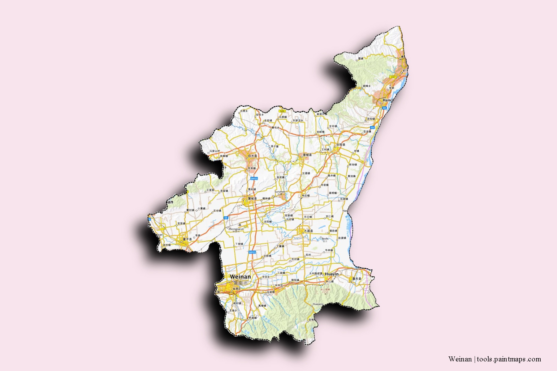 weinan shi neighborhoods and villages map with 3D shadow effect