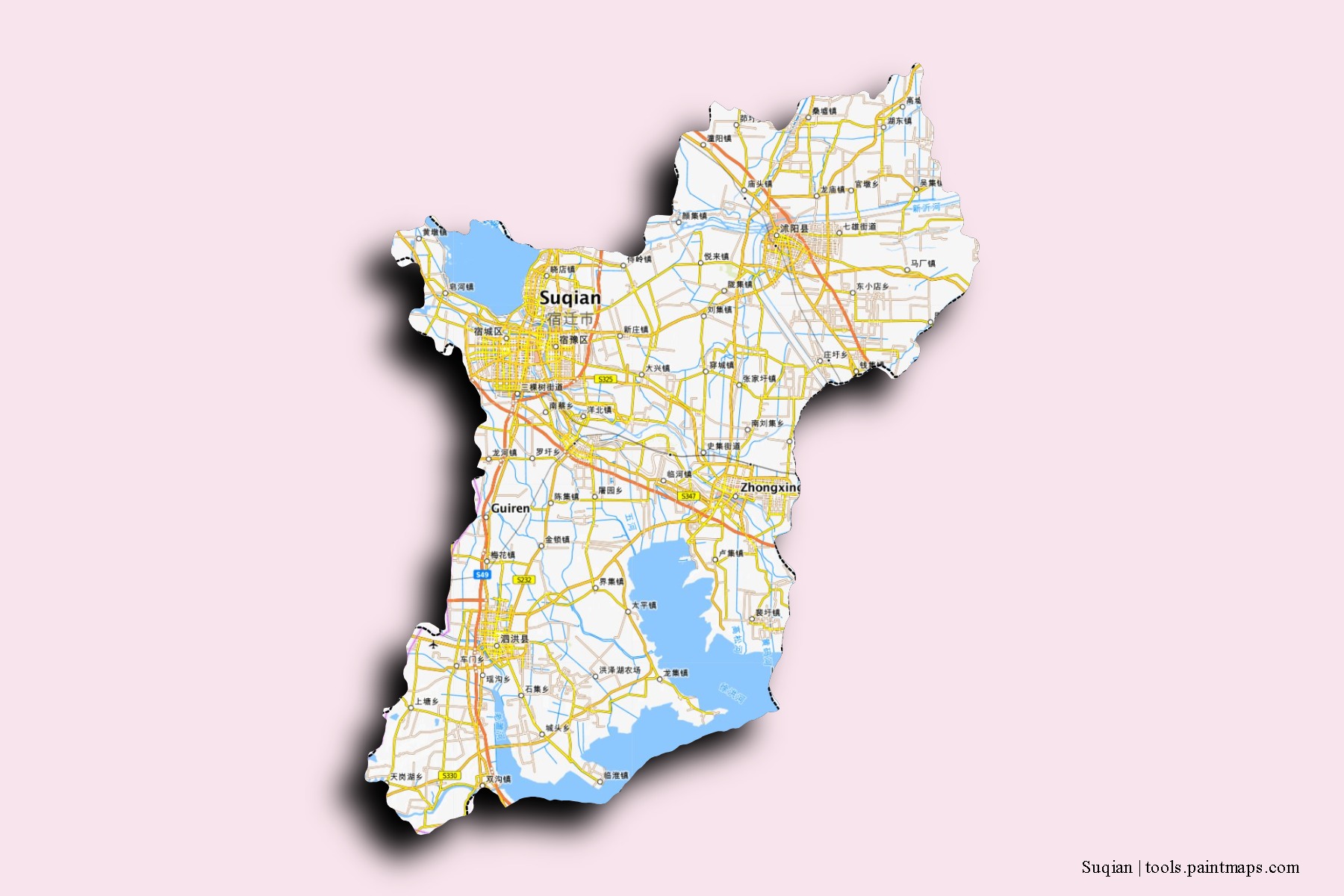 Mapa de barrios y pueblos de Suqian con efecto de sombra 3D