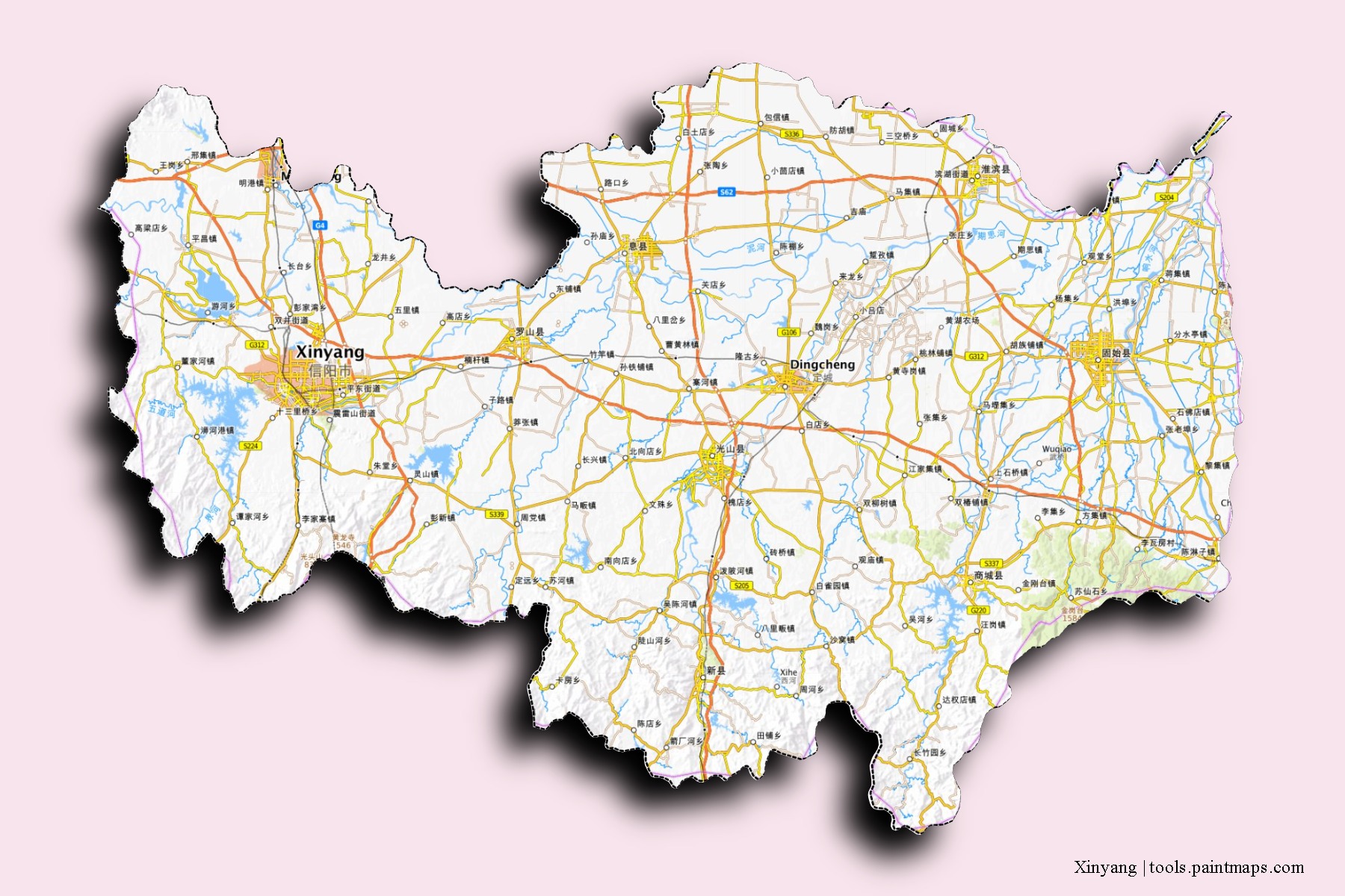 Mapa de barrios y pueblos de Xinyang con efecto de sombra 3D