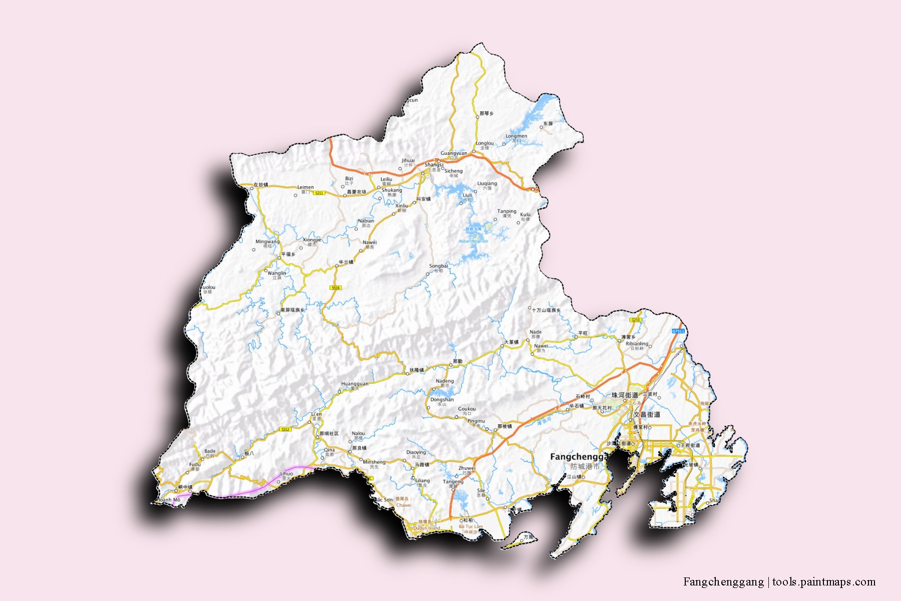 Mapa de barrios y pueblos de Fangchenggang con efecto de sombra 3D