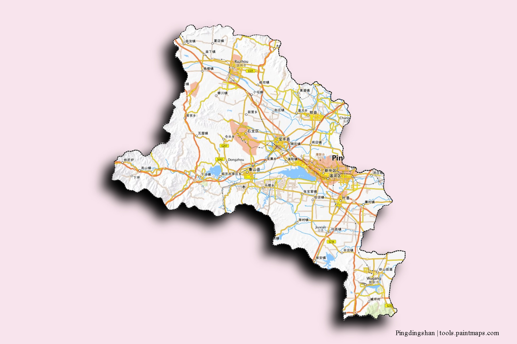 Mapa de barrios y pueblos de Pingdingshan con efecto de sombra 3D