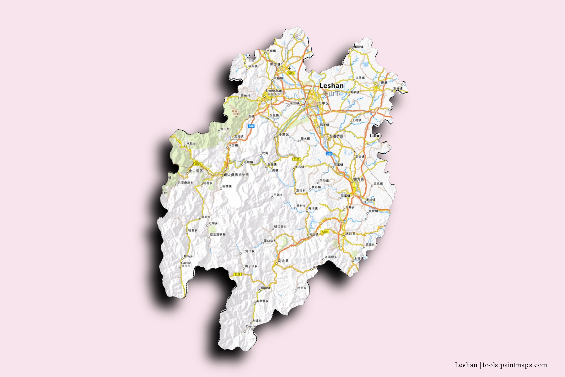 Mapa de barrios y pueblos de Leshan con efecto de sombra 3D