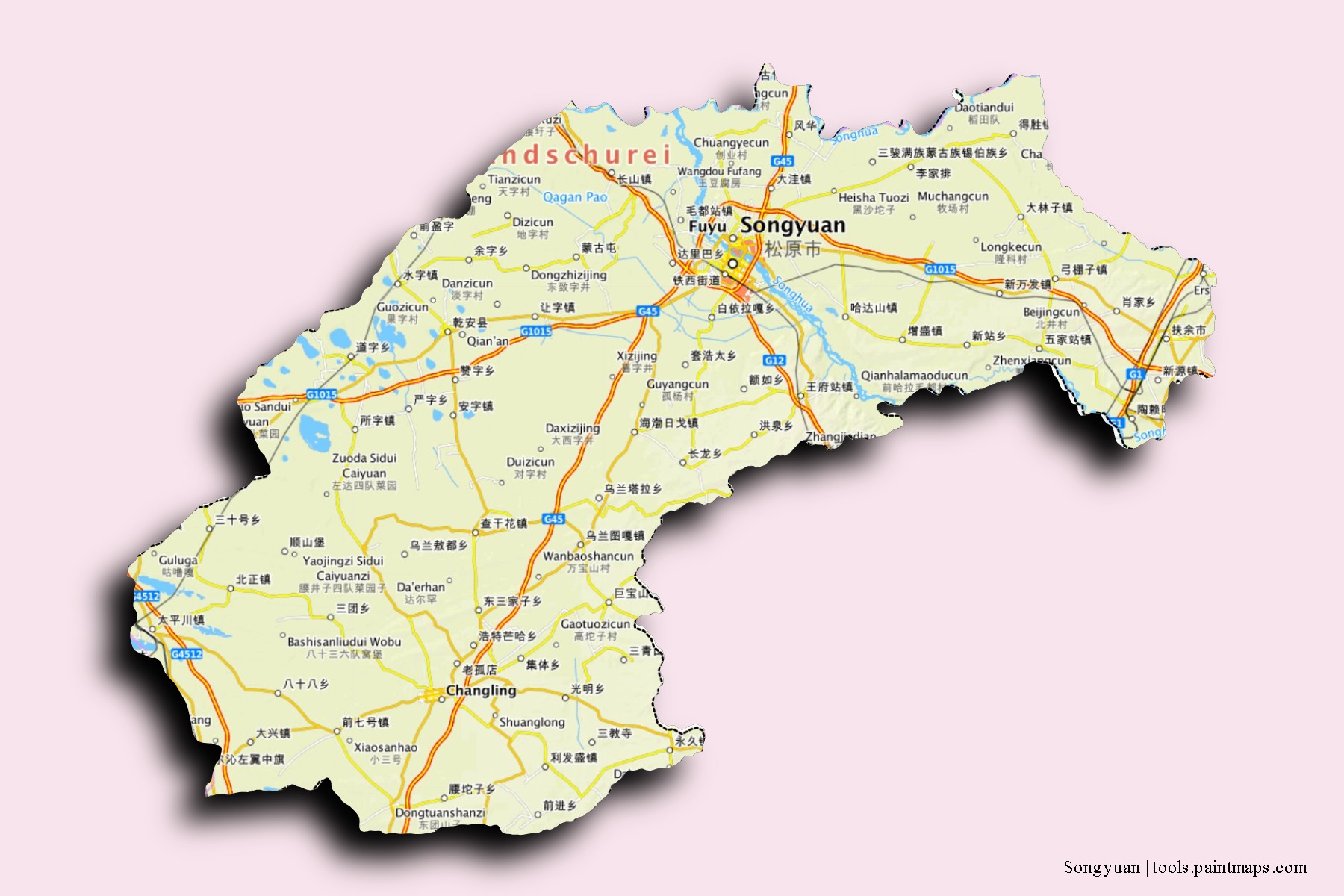 Mapa de barrios y pueblos de Songyuan con efecto de sombra 3D