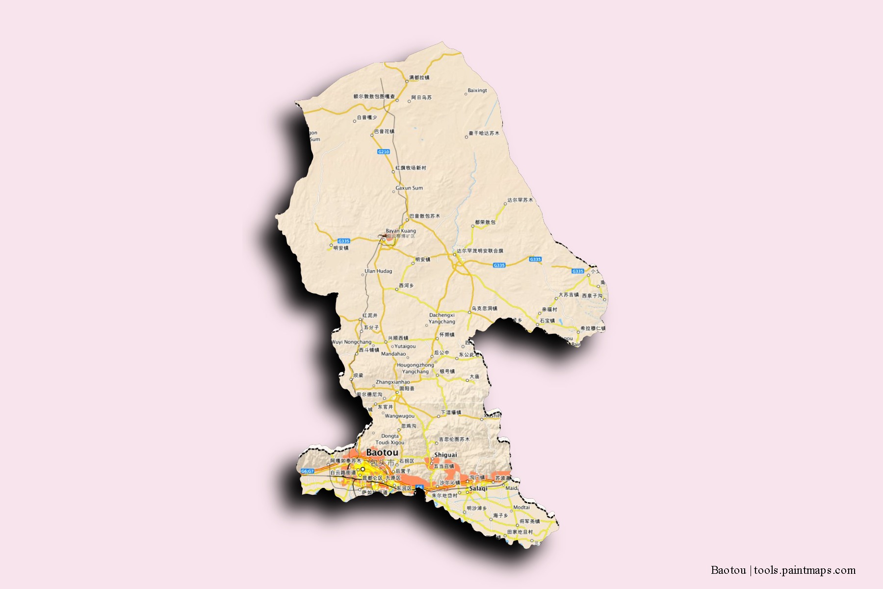 Mapa de barrios y pueblos de Baotou con efecto de sombra 3D