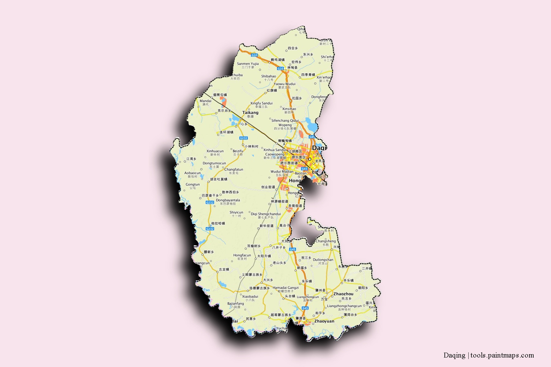 Daqing neighborhoods and villages map with 3D shadow effect