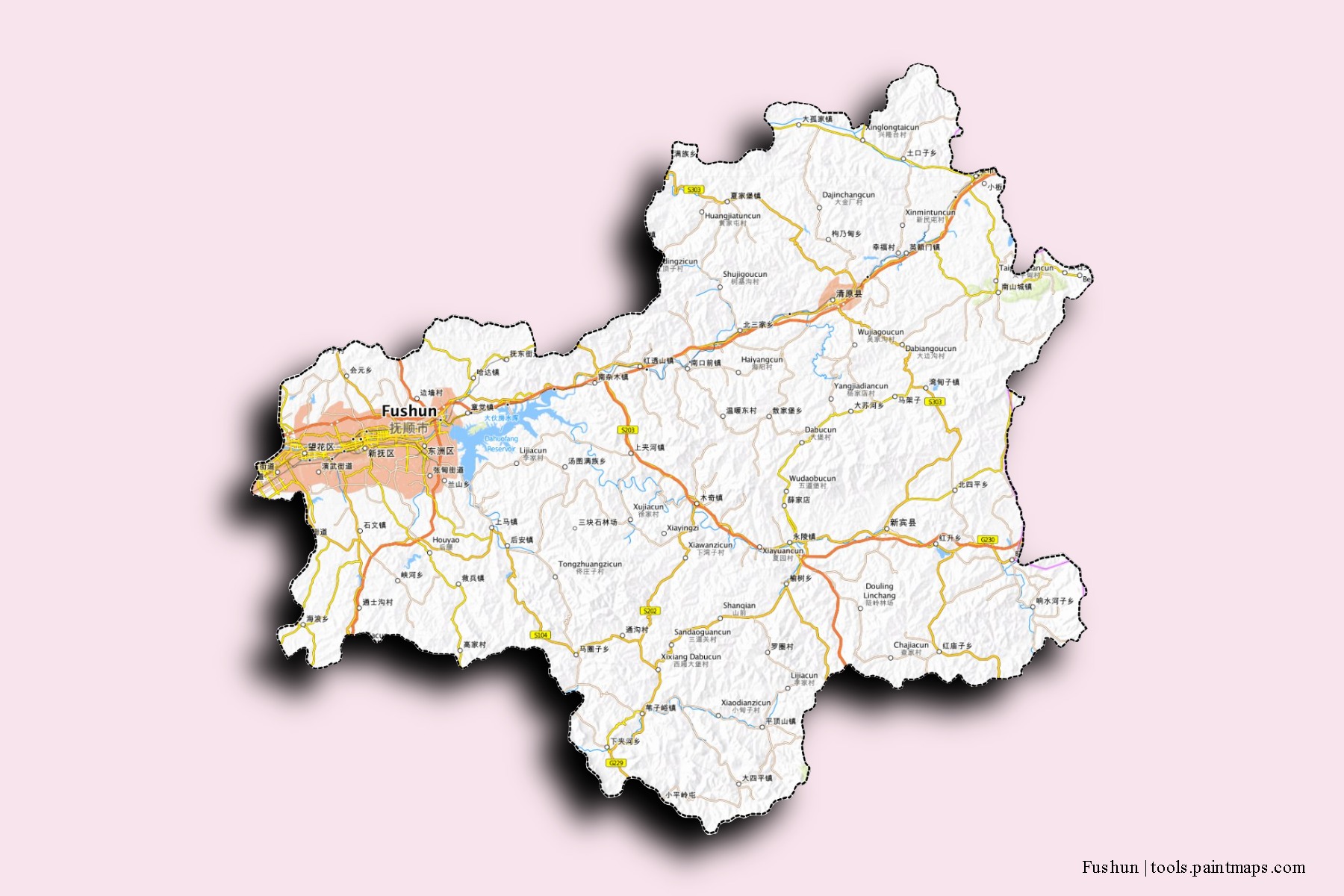 Mapa de barrios y pueblos de Fushun con efecto de sombra 3D