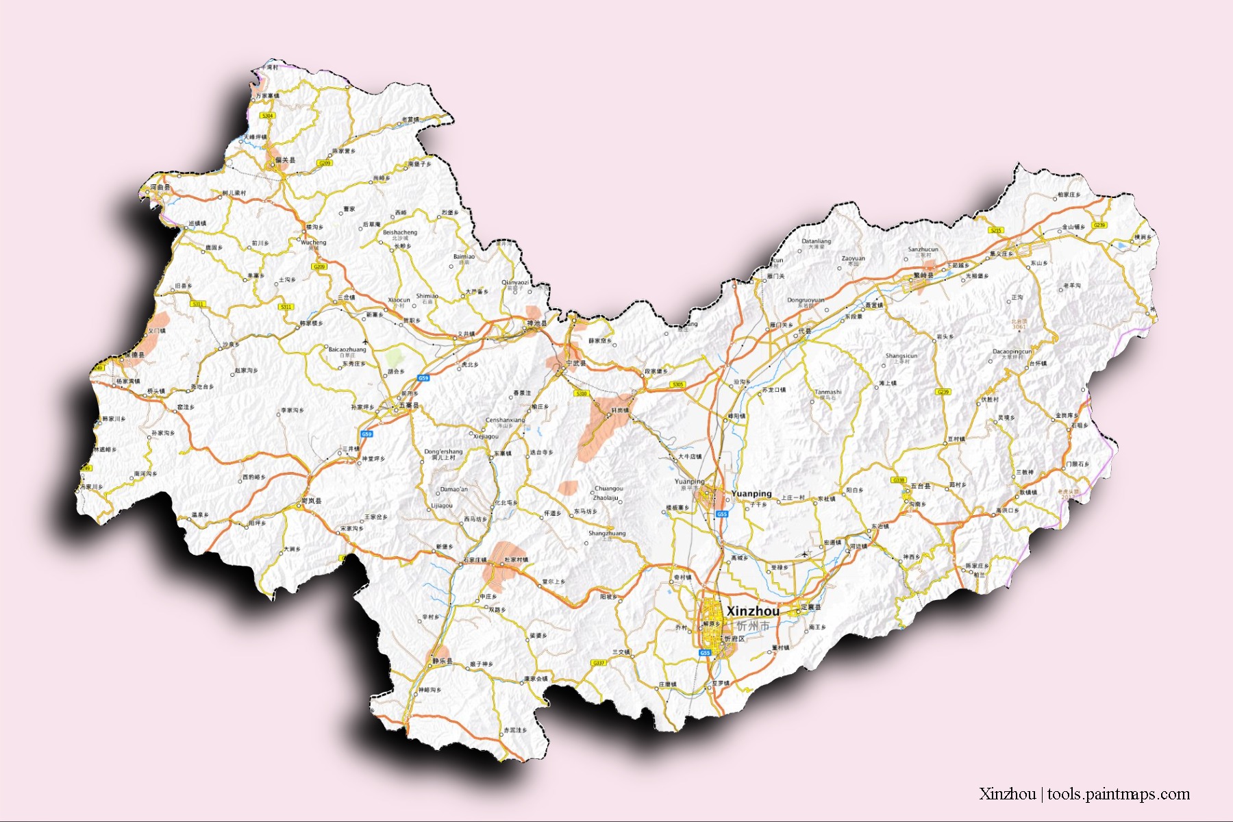 Mapa de barrios y pueblos de Xinzhou con efecto de sombra 3D