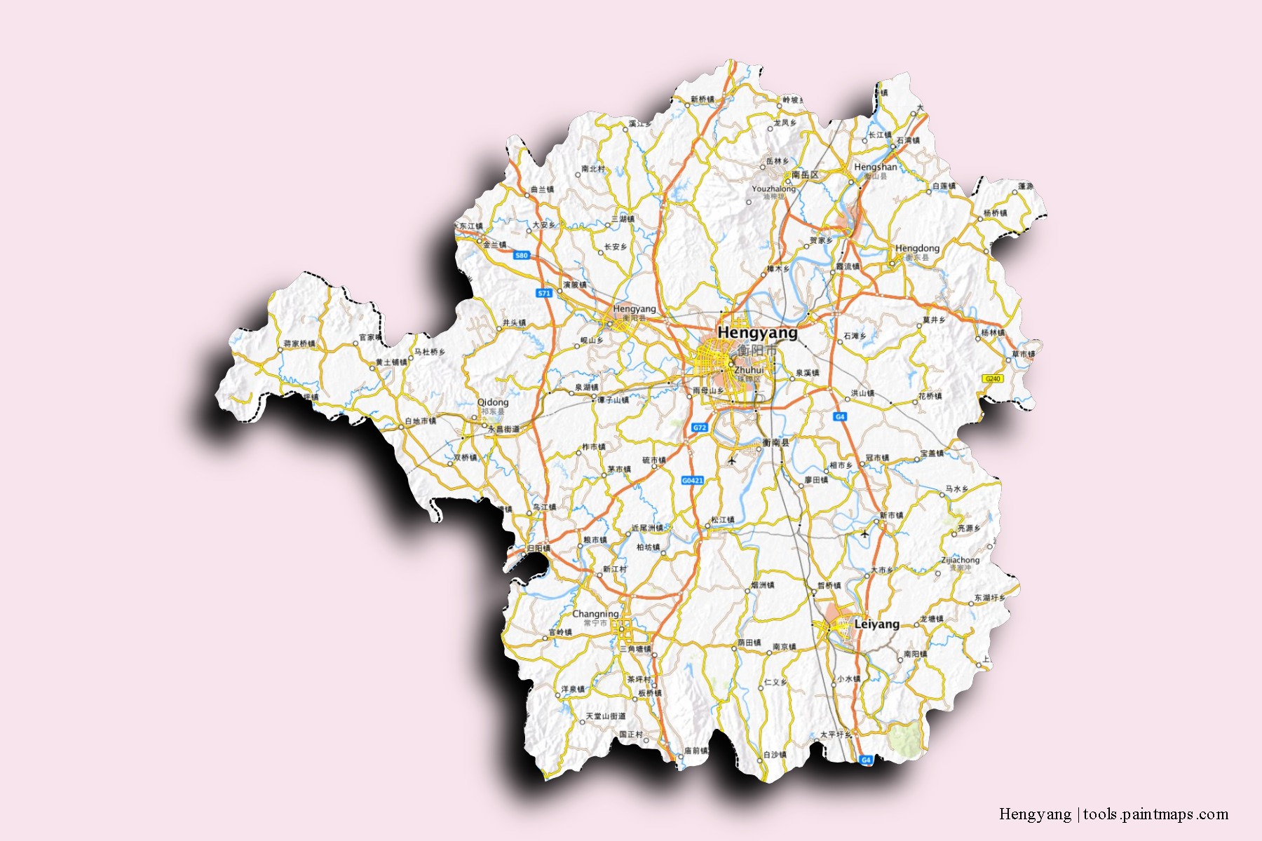 Mapa de barrios y pueblos de Hengyang con efecto de sombra 3D