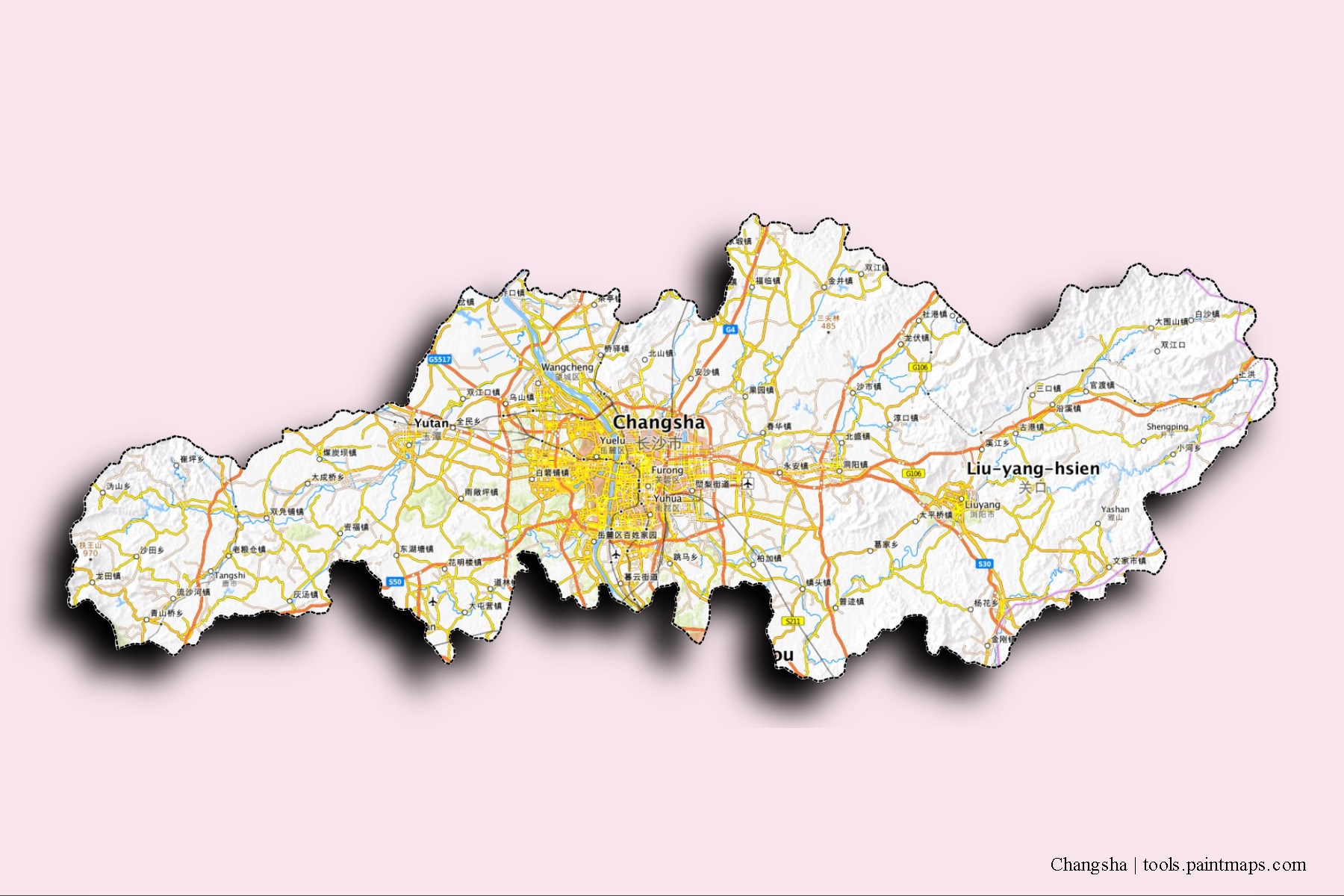 Mapa de barrios y pueblos de Changsha con efecto de sombra 3D