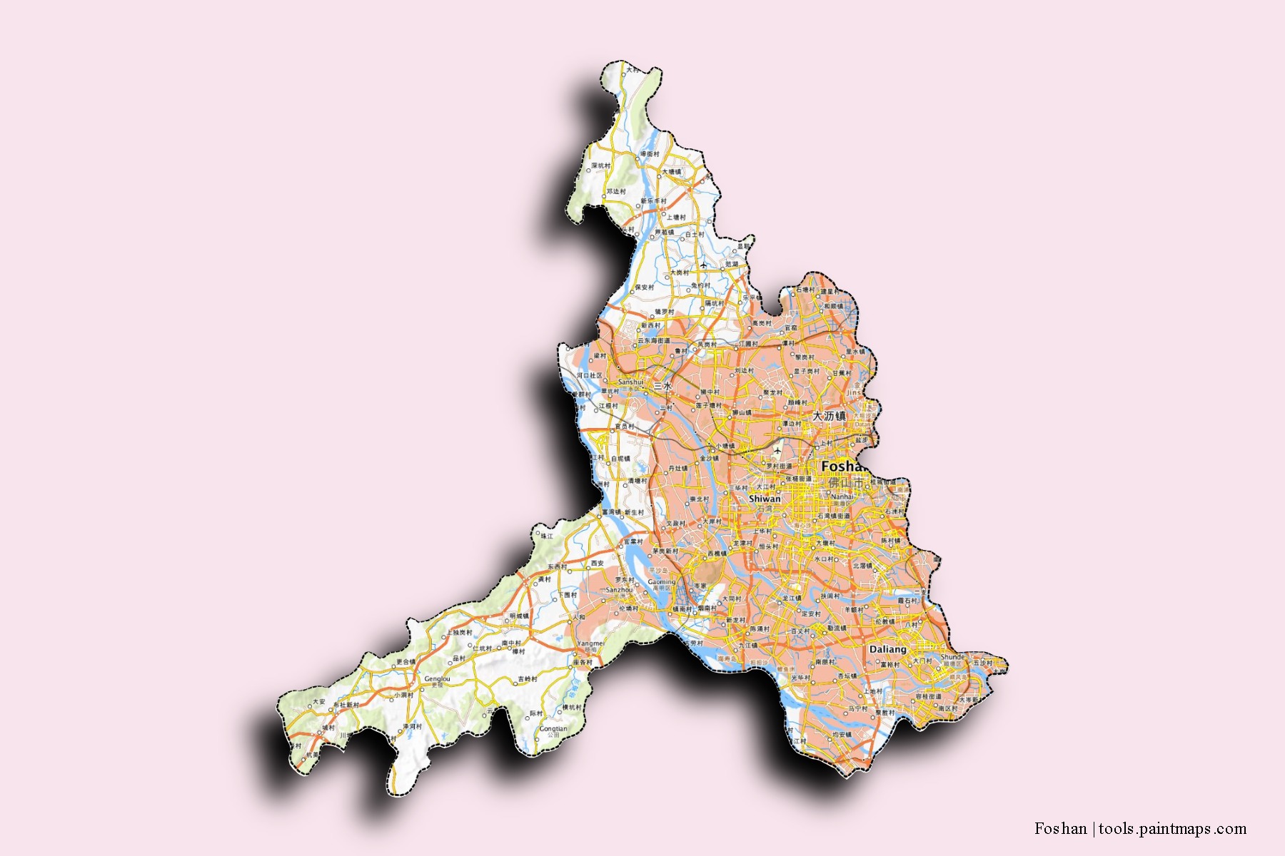 Foshan neighborhoods and villages map with 3D shadow effect