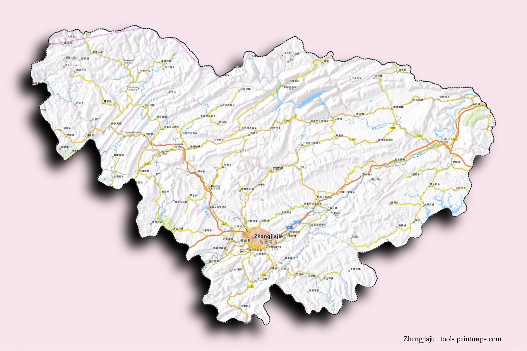 Zhangjiajie neighborhoods and villages map with 3D shadow effect