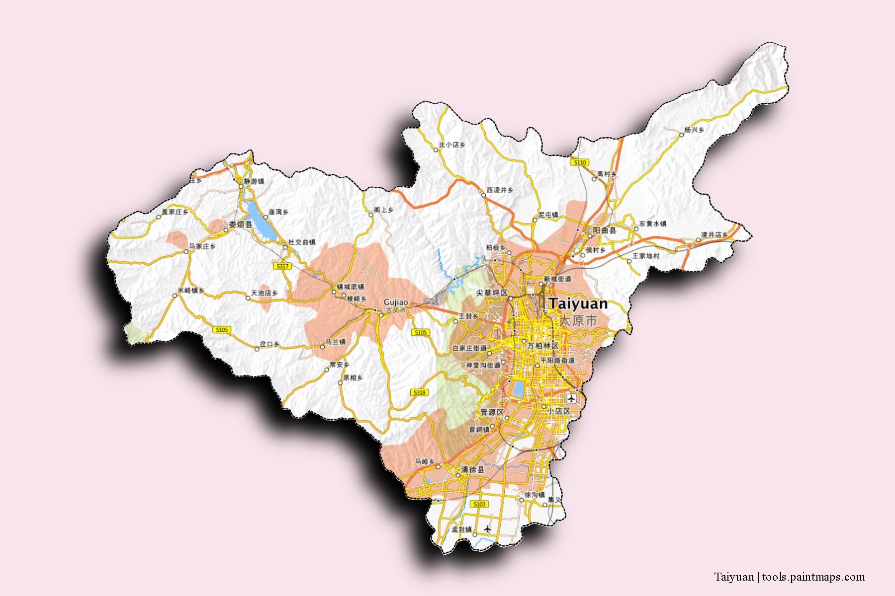 Mapa de barrios y pueblos de Taiyuan con efecto de sombra 3D