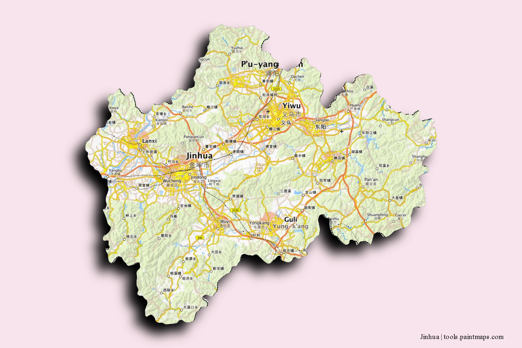 Jinhua neighborhoods and villages map with 3D shadow effect