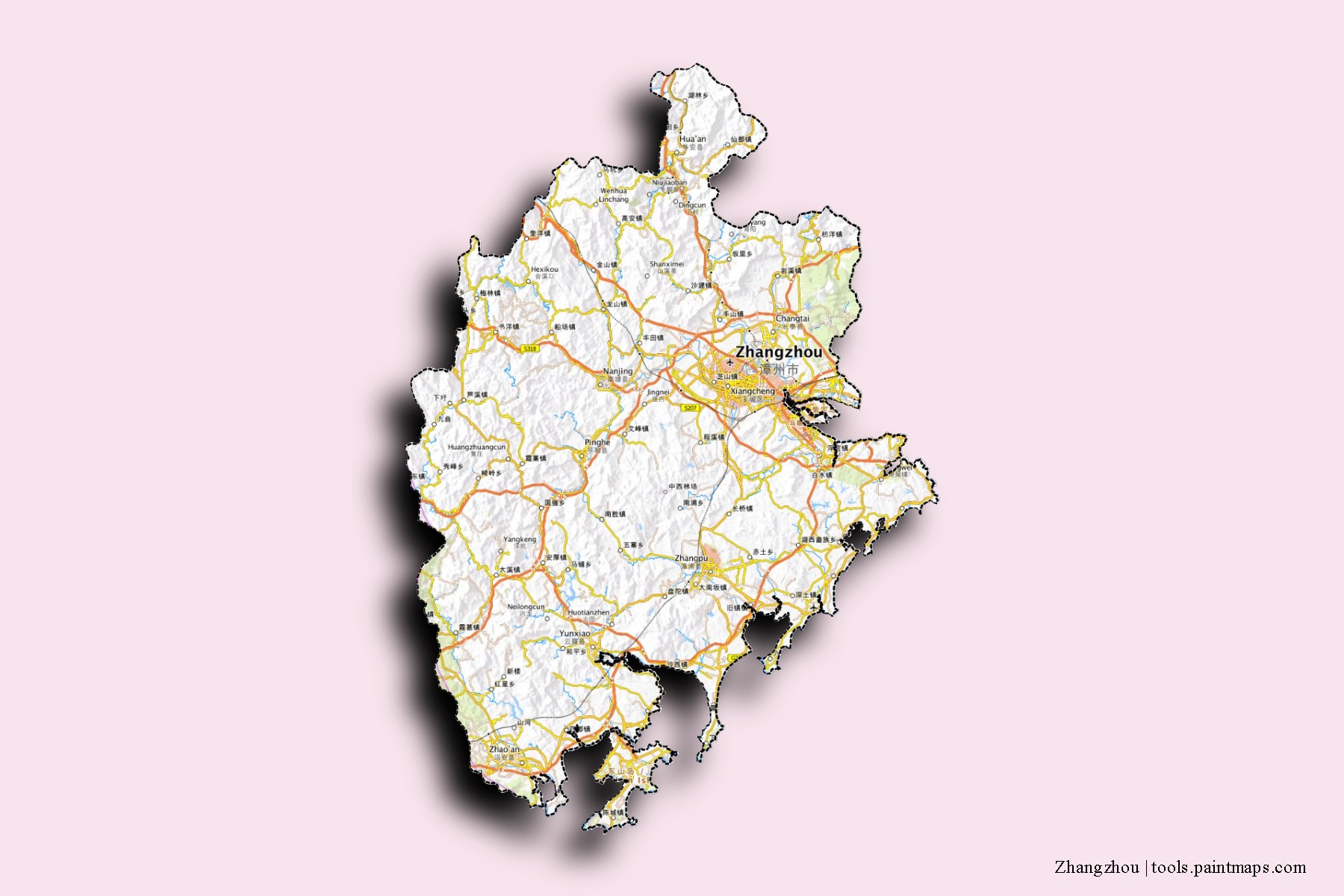 Mapa de barrios y pueblos de Zhangzhou con efecto de sombra 3D