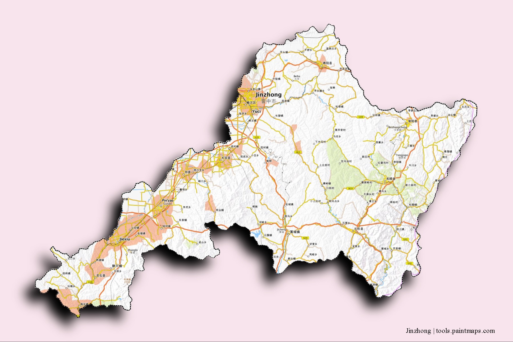 Mapa de barrios y pueblos de Jinzhong con efecto de sombra 3D