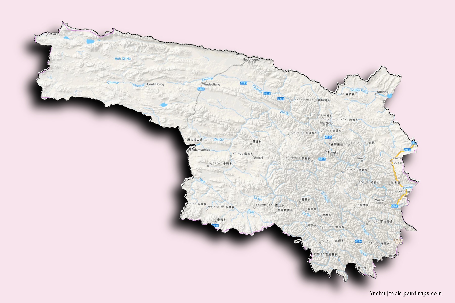 Mapa de barrios y pueblos de Yushu con efecto de sombra 3D