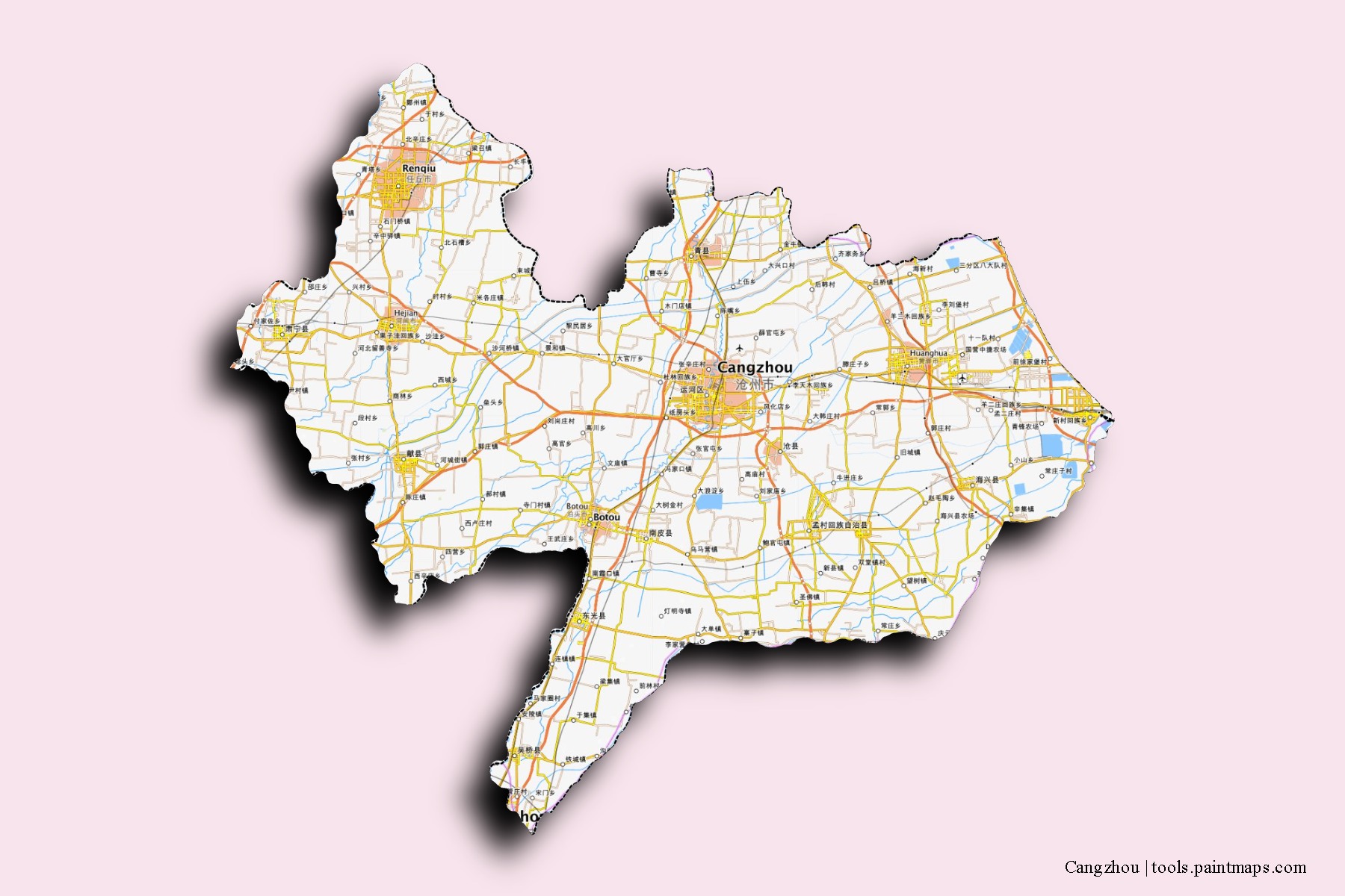 Mapa de barrios y pueblos de Cangzhou con efecto de sombra 3D