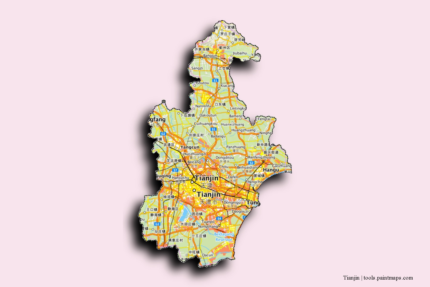 Mapa de barrios y pueblos de Tianjin con efecto de sombra 3D