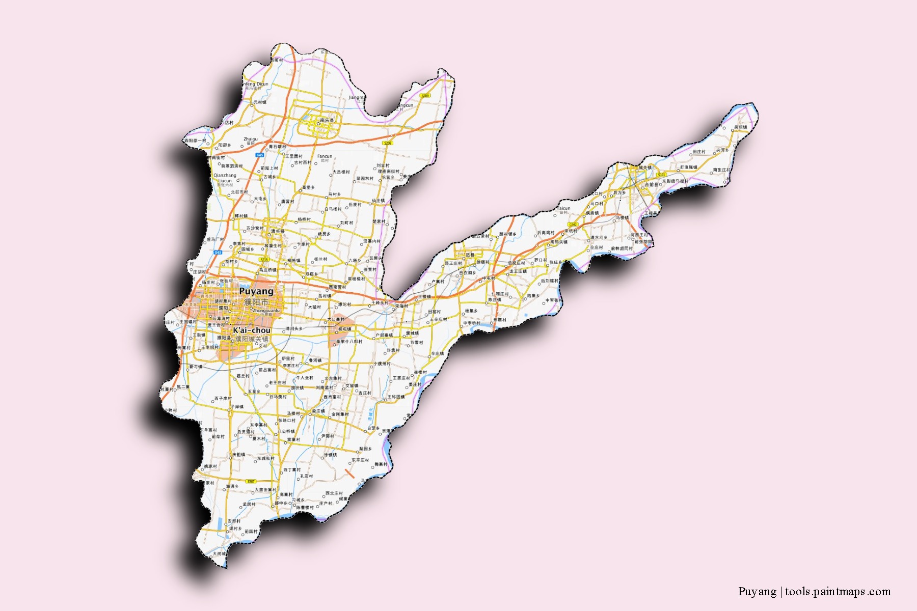3D gölge efektli Puyang mahalleleri ve köyleri haritası
